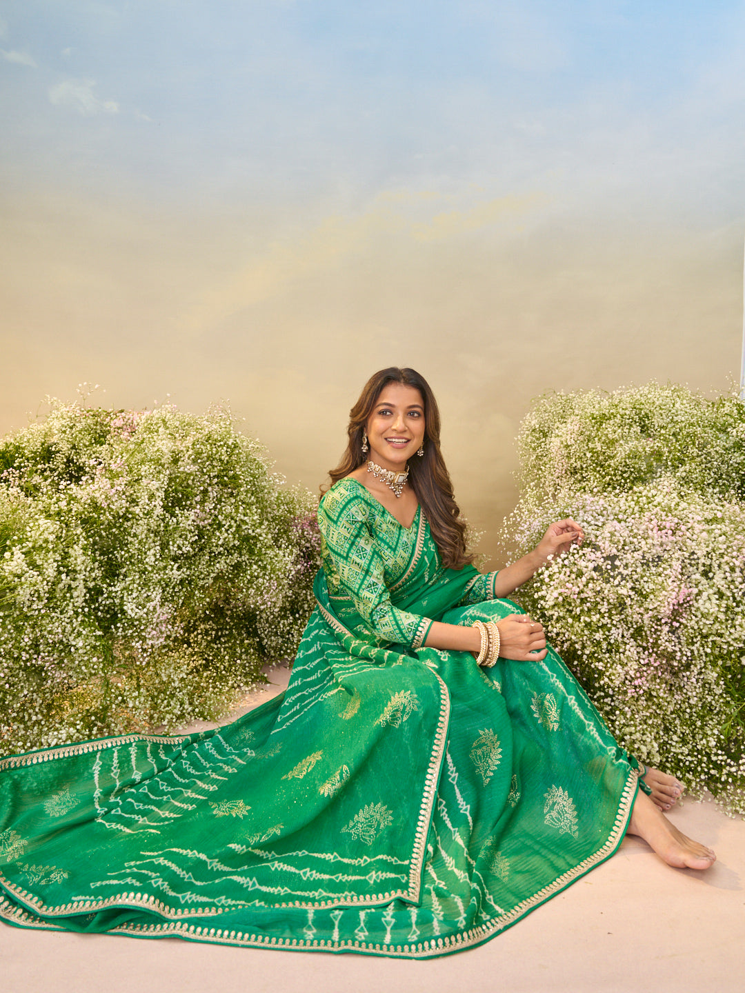 Laxmipati Anaya Green Chiffon Saree with Geometric Prints