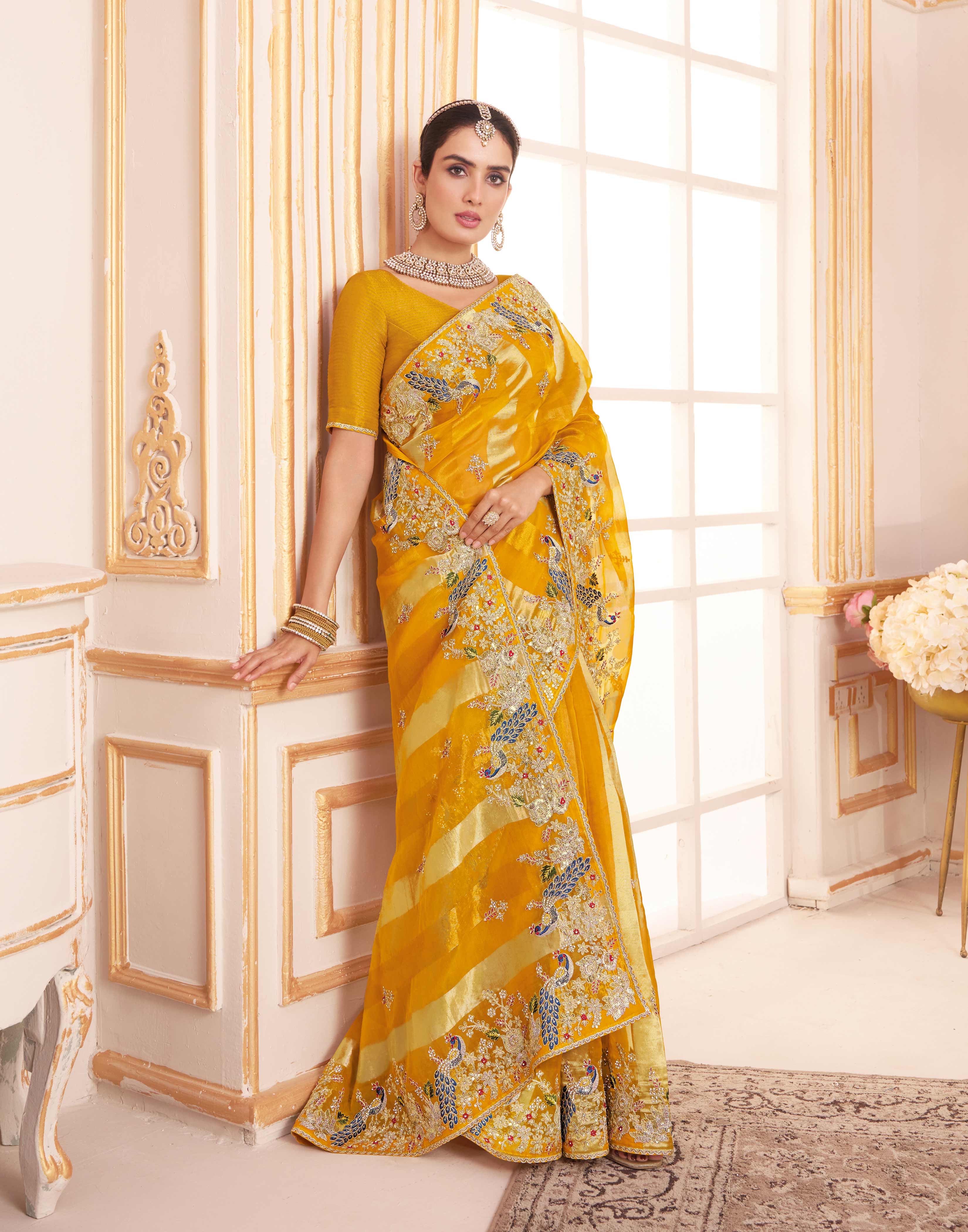 Laxmipati Chakor Mustard Tissue Organza Saree with Floral Embroidery