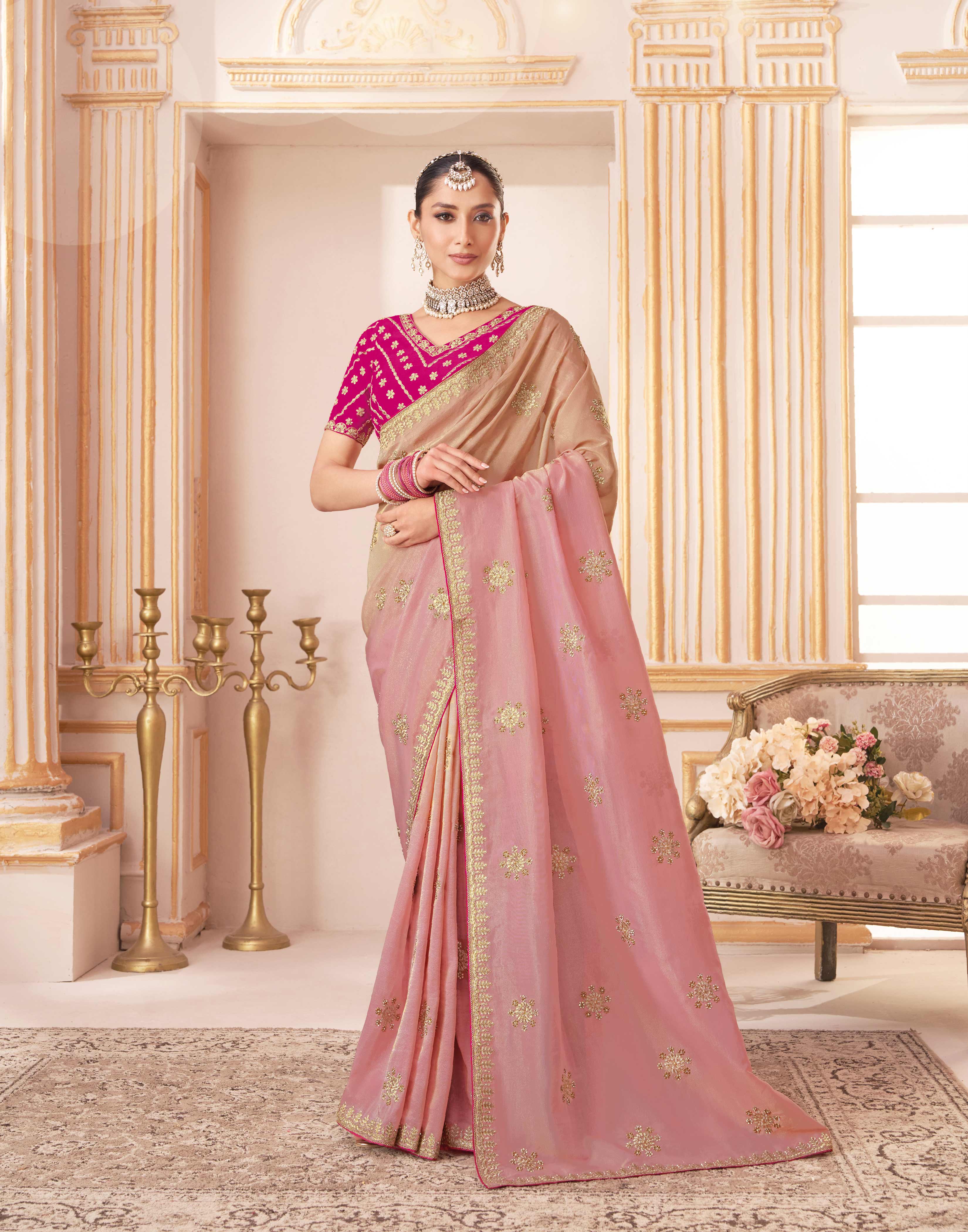 Laxmipati Chakor Pink Tissue Organza Saree with Zari Embroidery