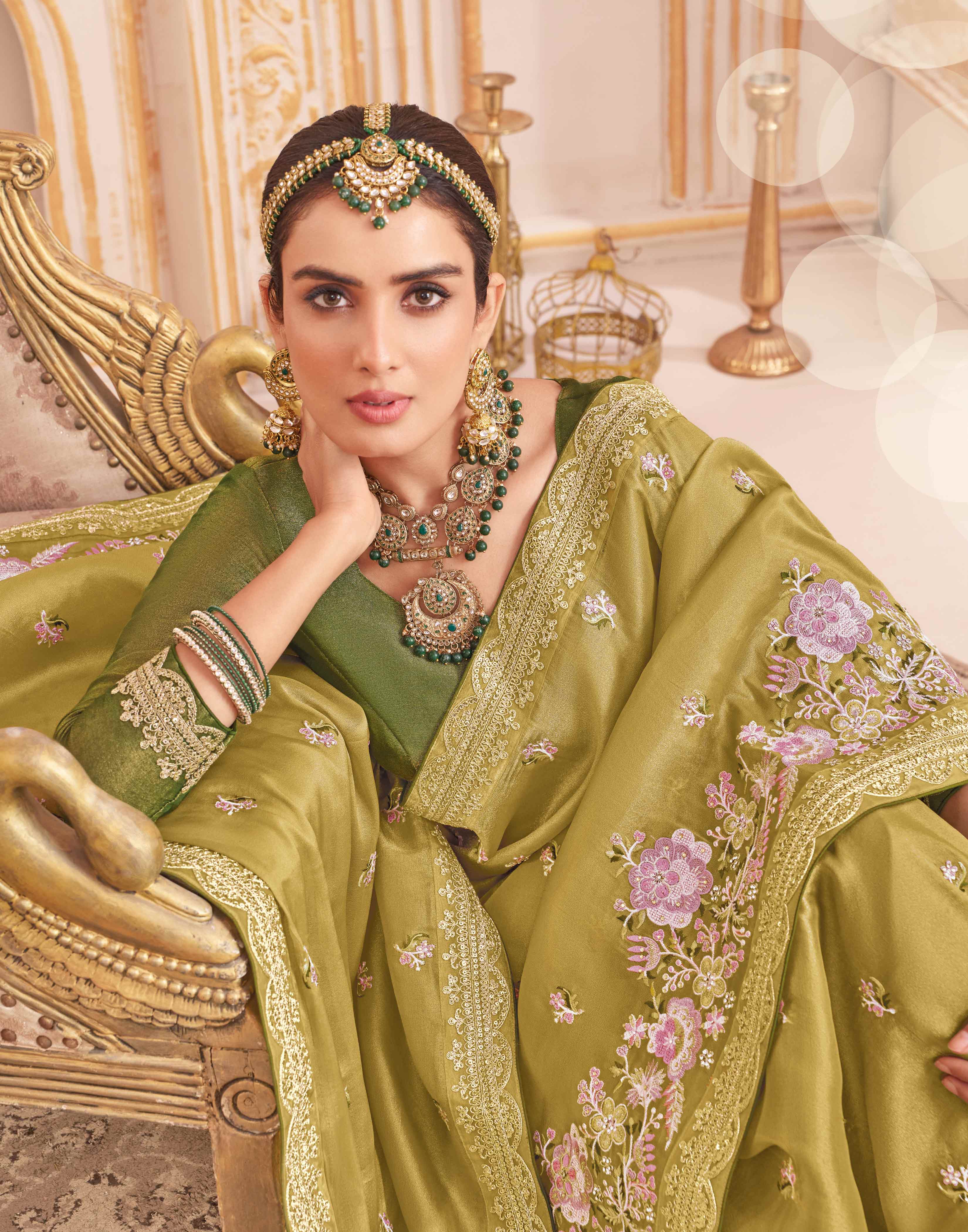 Laxmipati Chakor Olive Green Tissue Organza Saree with Floral Embroidery