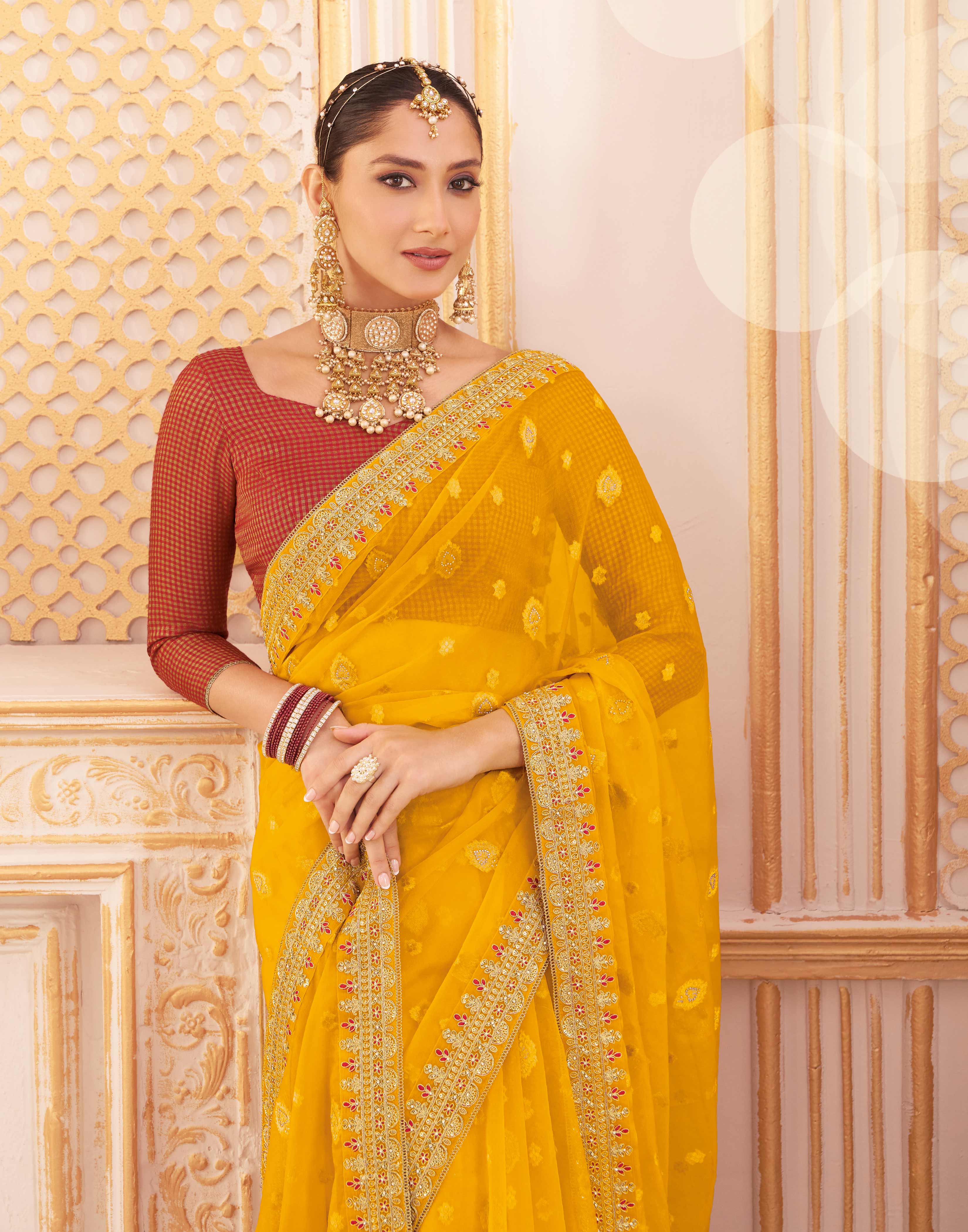 Laxmipati Chakor Mustard Tissue Organza Saree with Floral Embroidery