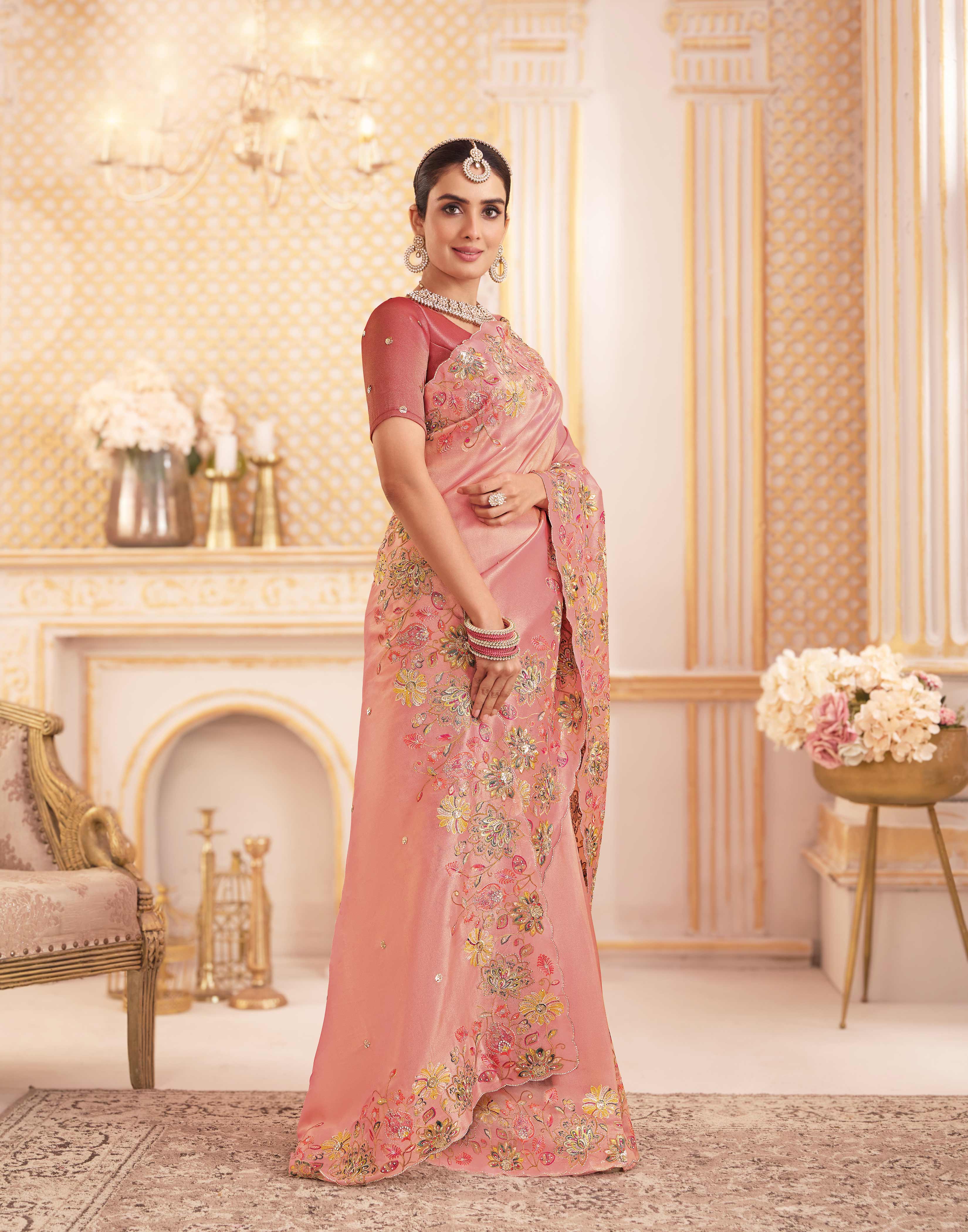 Laxmipati Chakor Pink Tissue Organza Saree with Floral Embroidery