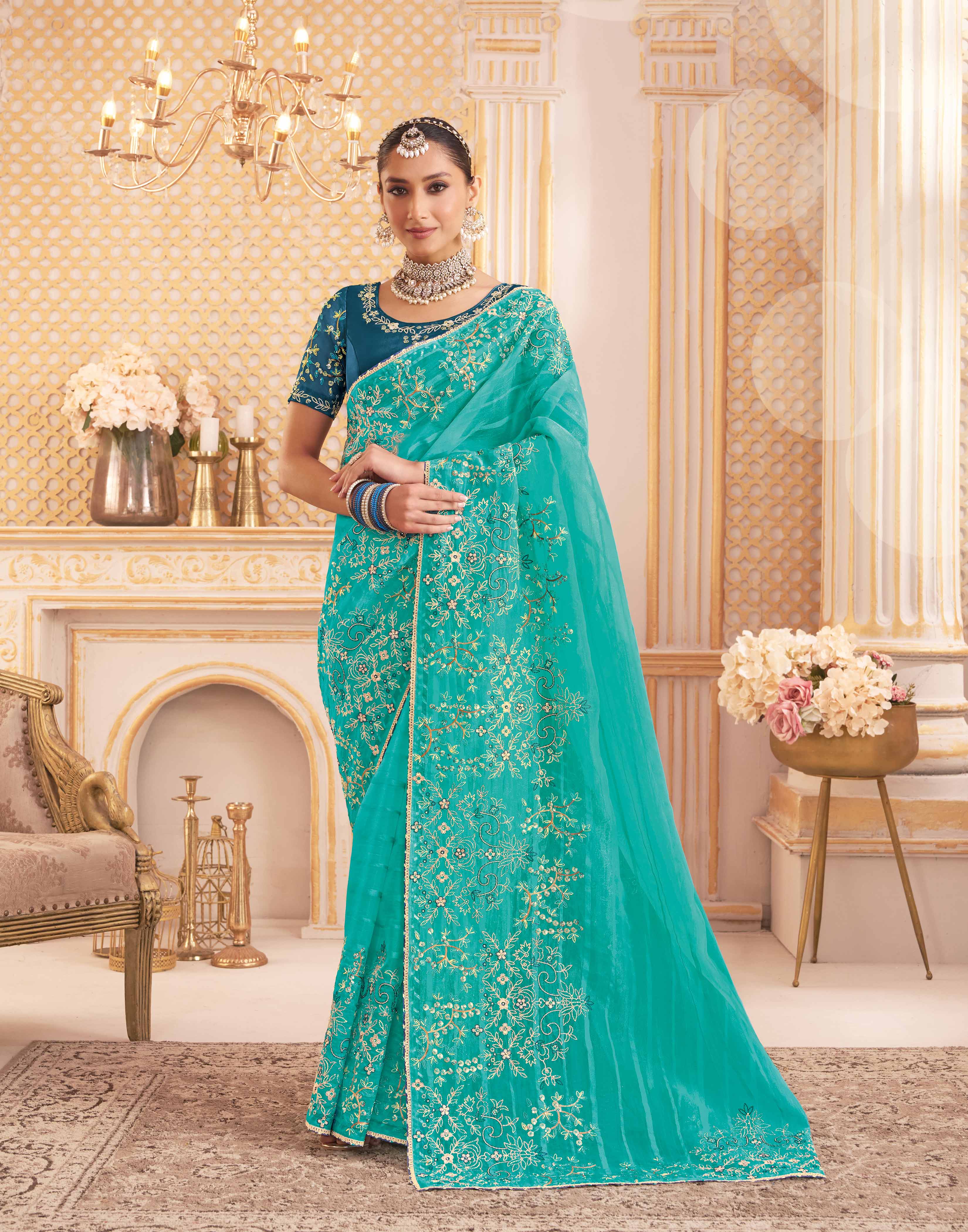 Laxmipati Chakor Teal Blue Tissue Organza Saree with Floral Embroidery
