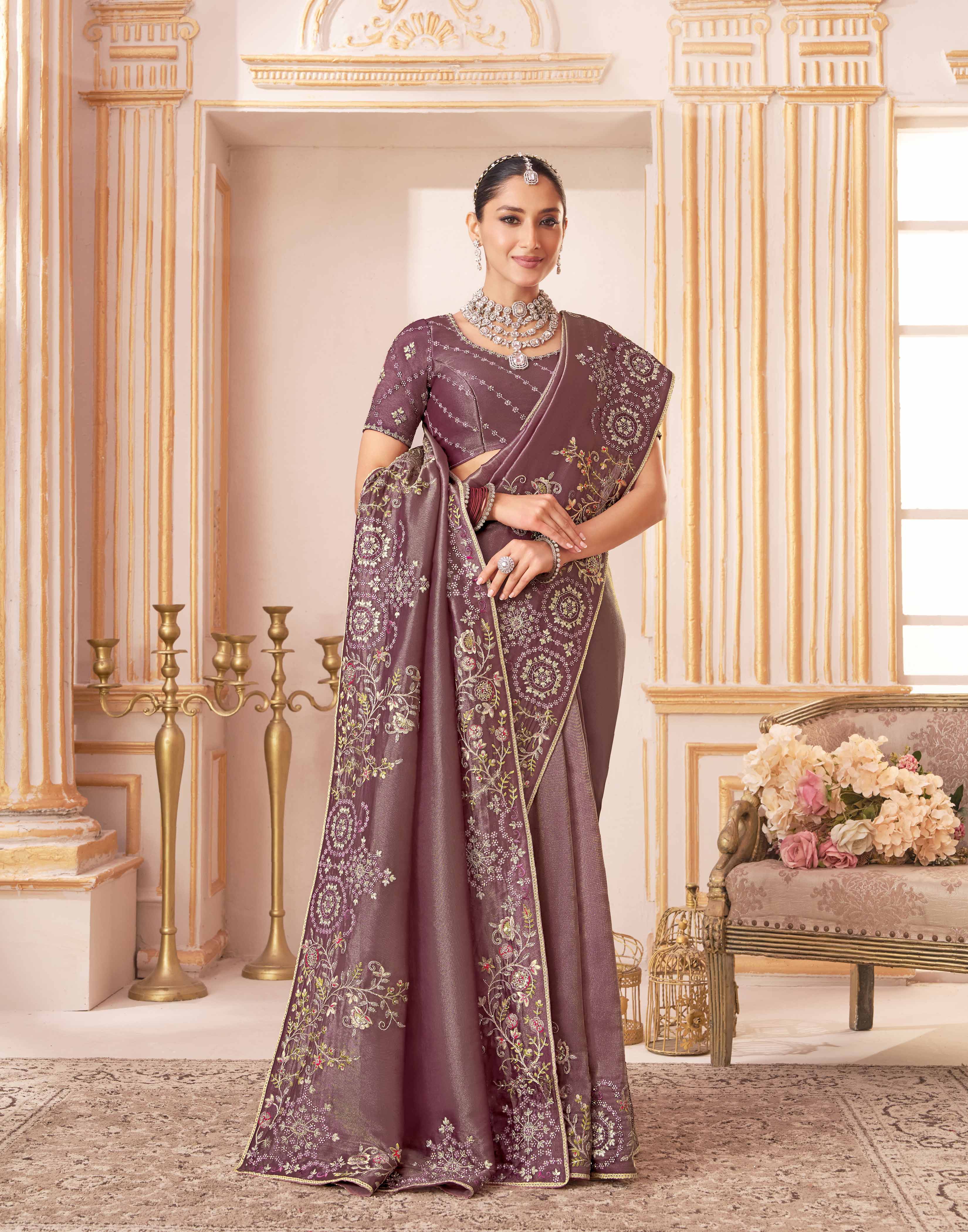 Laxmipati Chakor Purple Silk Saree with Floral Embroidery