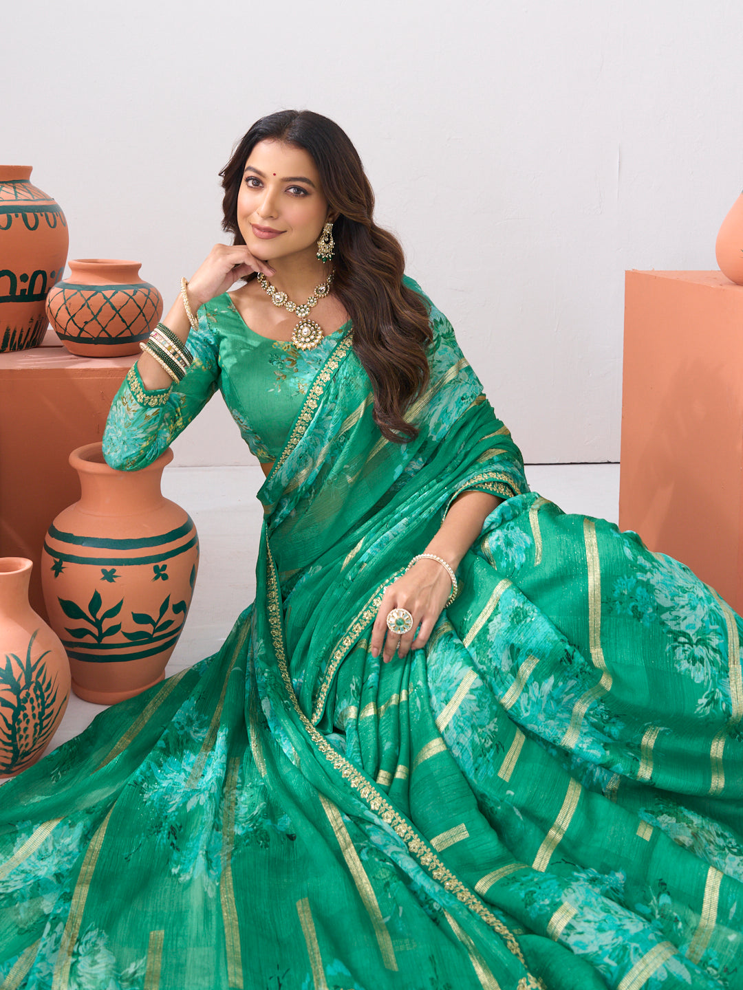 Laxmipati Ishita Green Floral Silk Printed Saree