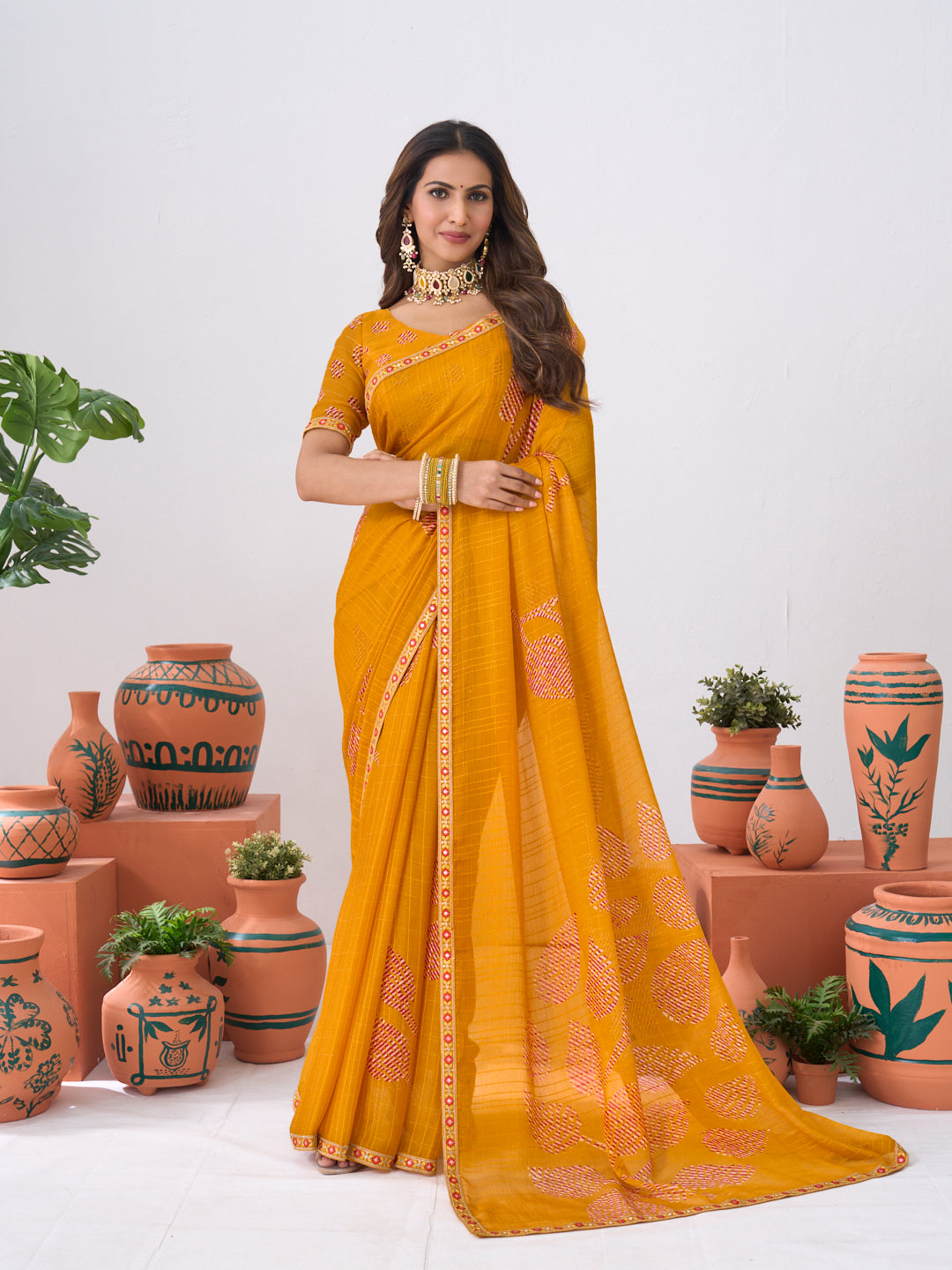 Laxmipati Ishita Mustard Floral Chiffon Printed Saree