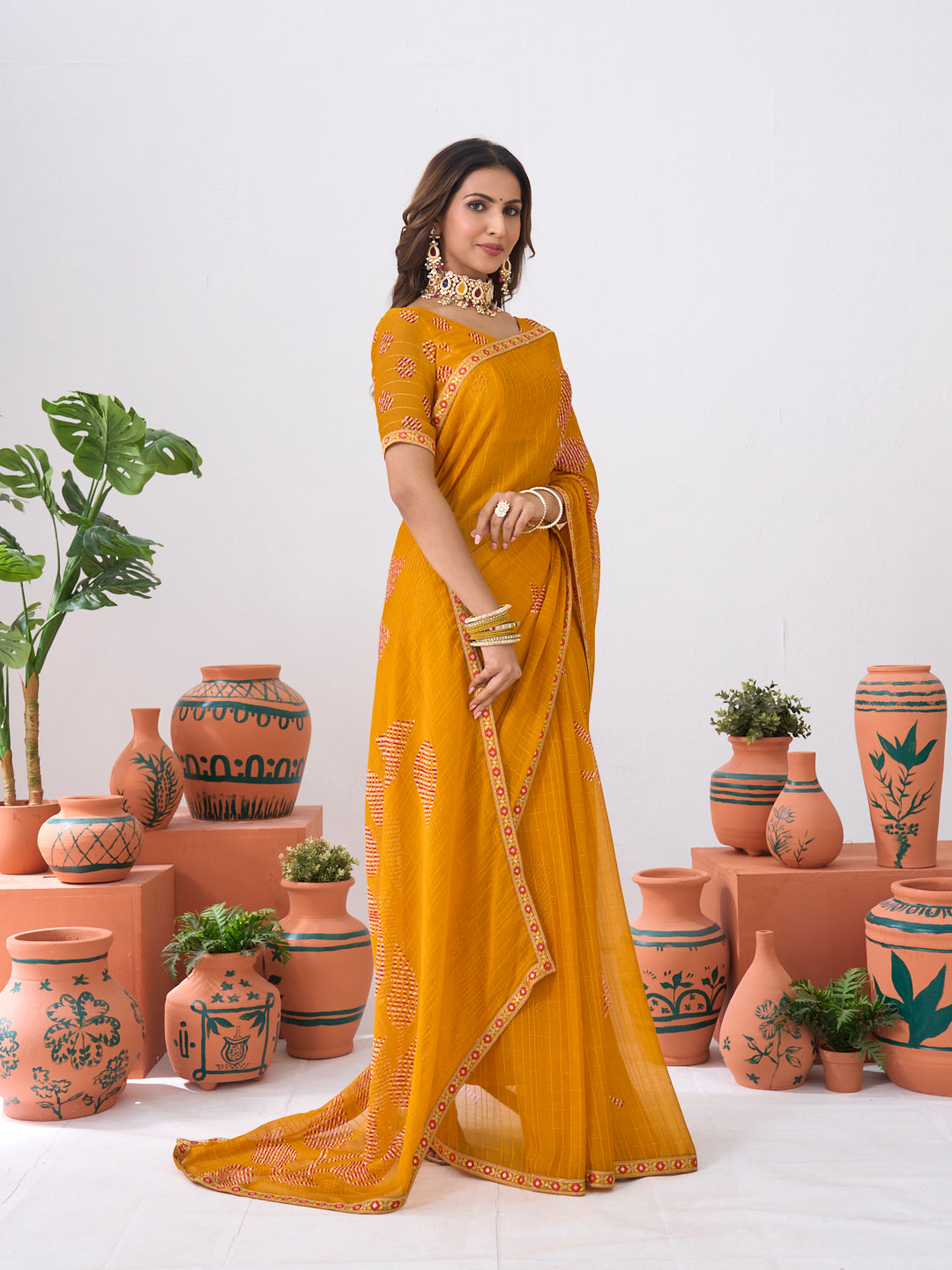 Laxmipati Ishita Mustard Floral Chiffon Printed Saree