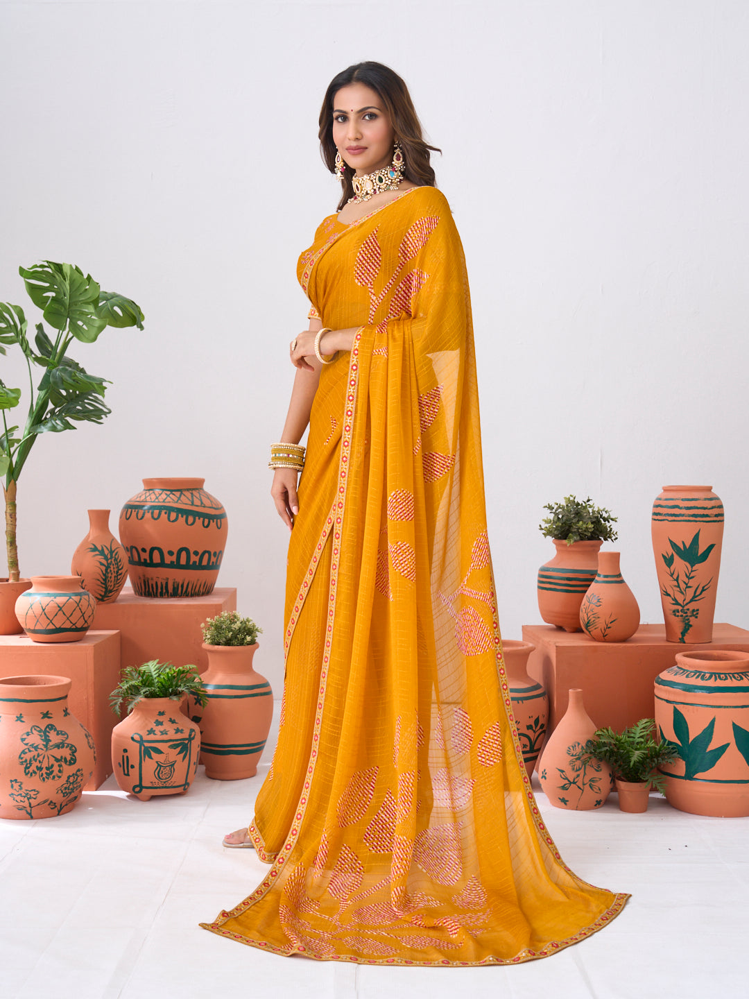 Laxmipati Ishita Mustard Floral Chiffon Printed Saree