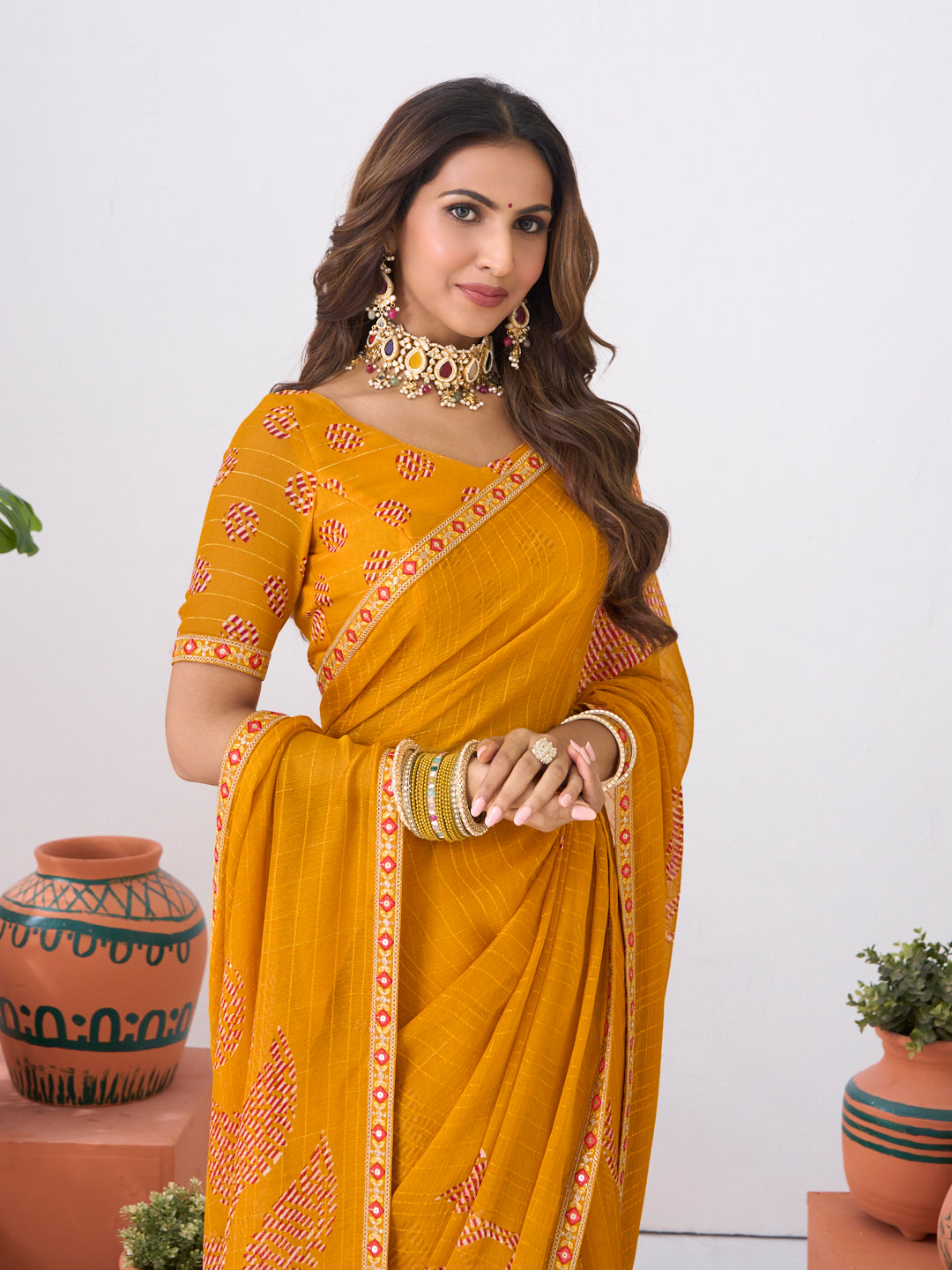 Laxmipati Ishita Mustard Floral Chiffon Printed Saree