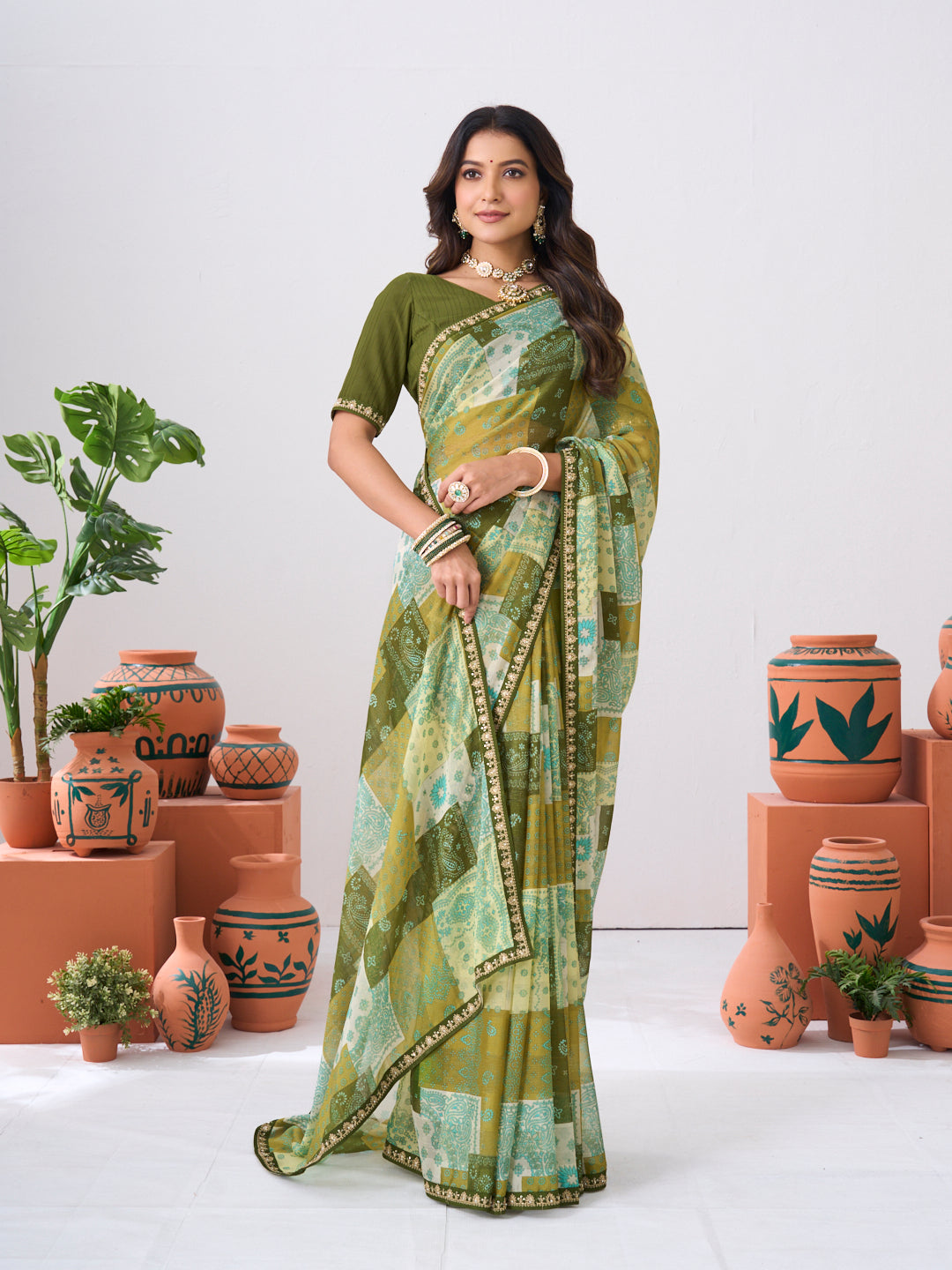 Laxmipati Ishita Green Floral Printed Chiffon Saree