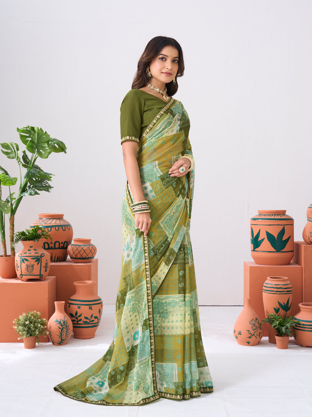 Laxmipati Ishita Green Floral Printed Chiffon Saree