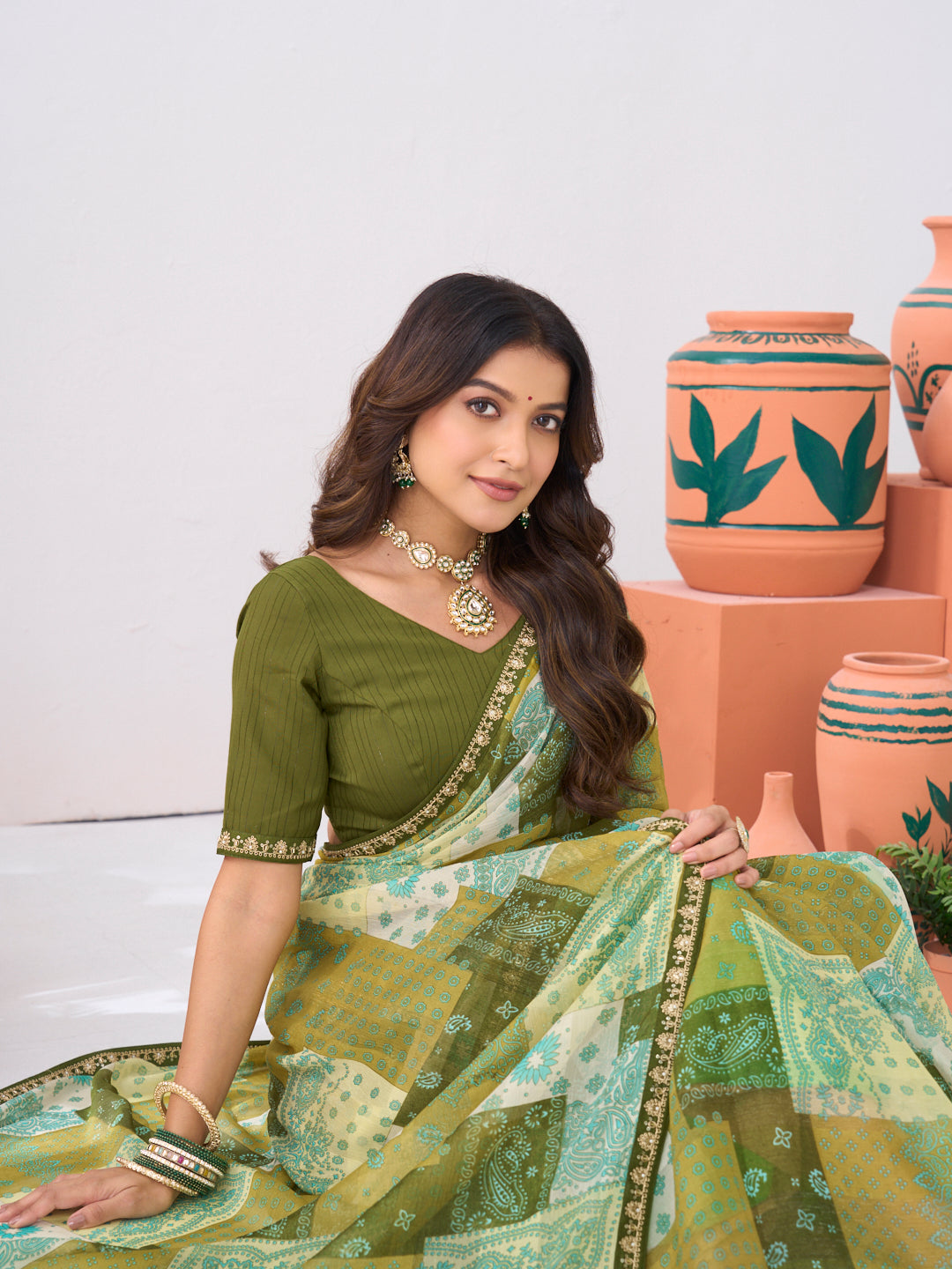 Laxmipati Ishita Green Floral Printed Chiffon Saree