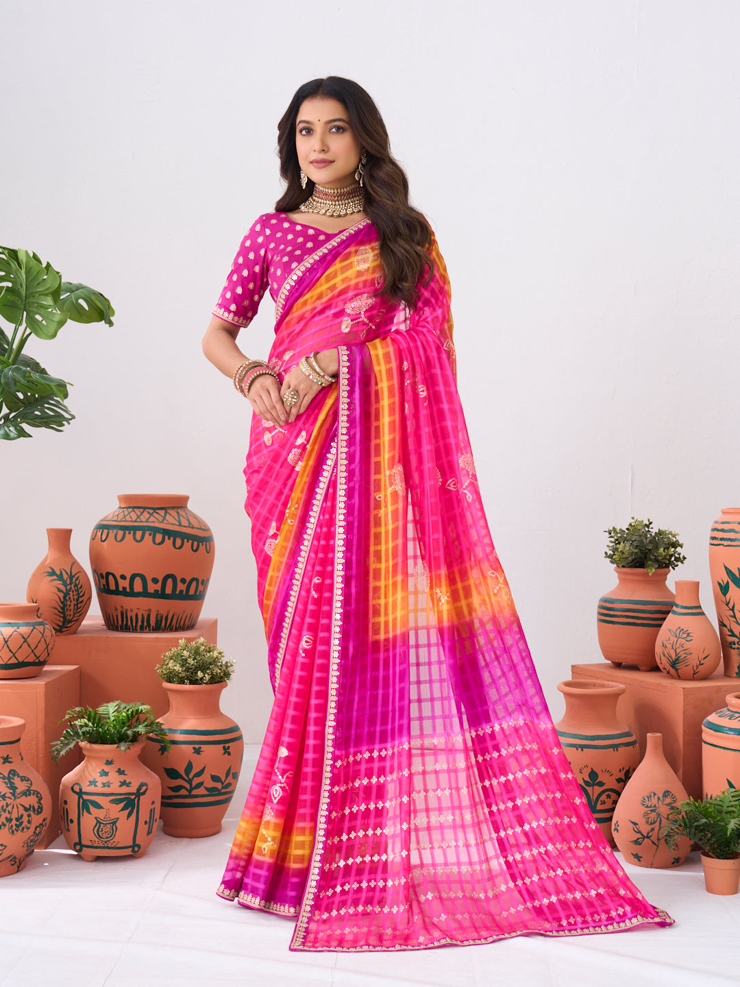 Laxmipati Ishita Pink Bandhani Printed Georgette Saree