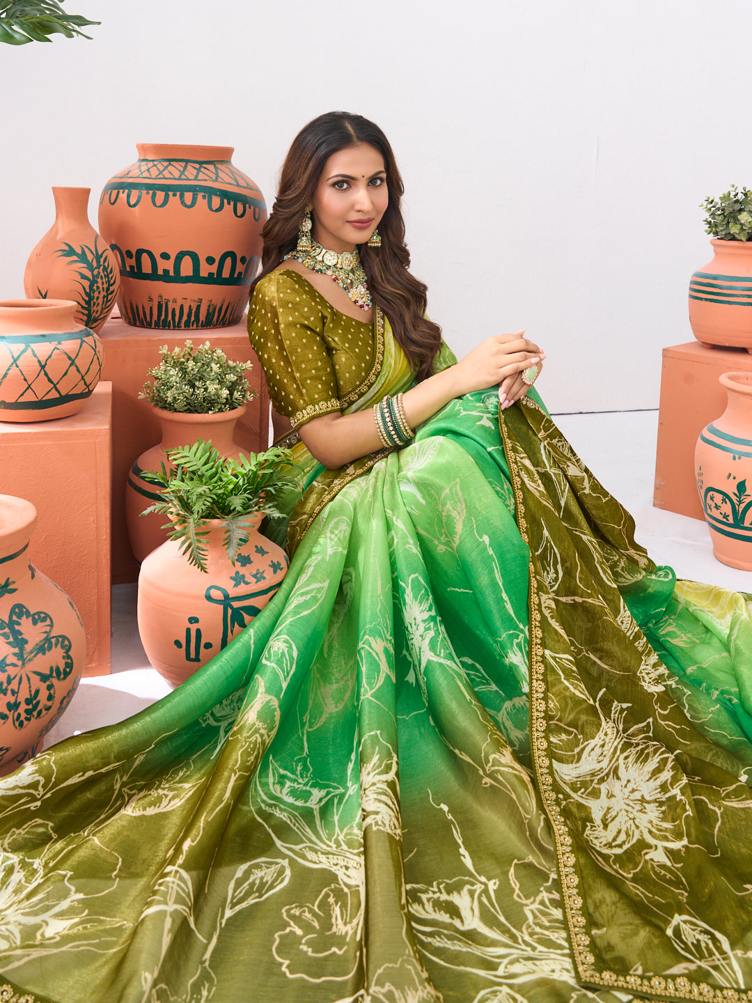 Laxmipati Ishita Green Floral Printed Silk Saree