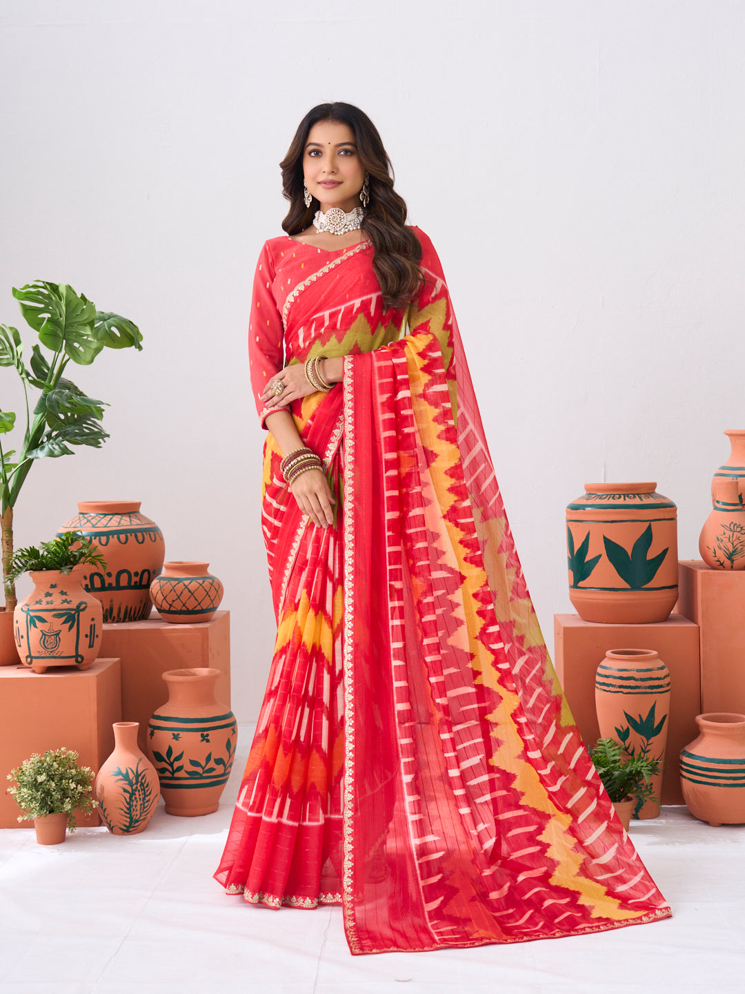 Laxmipati Ishita Red Ikkat Printed Chiffon Saree
