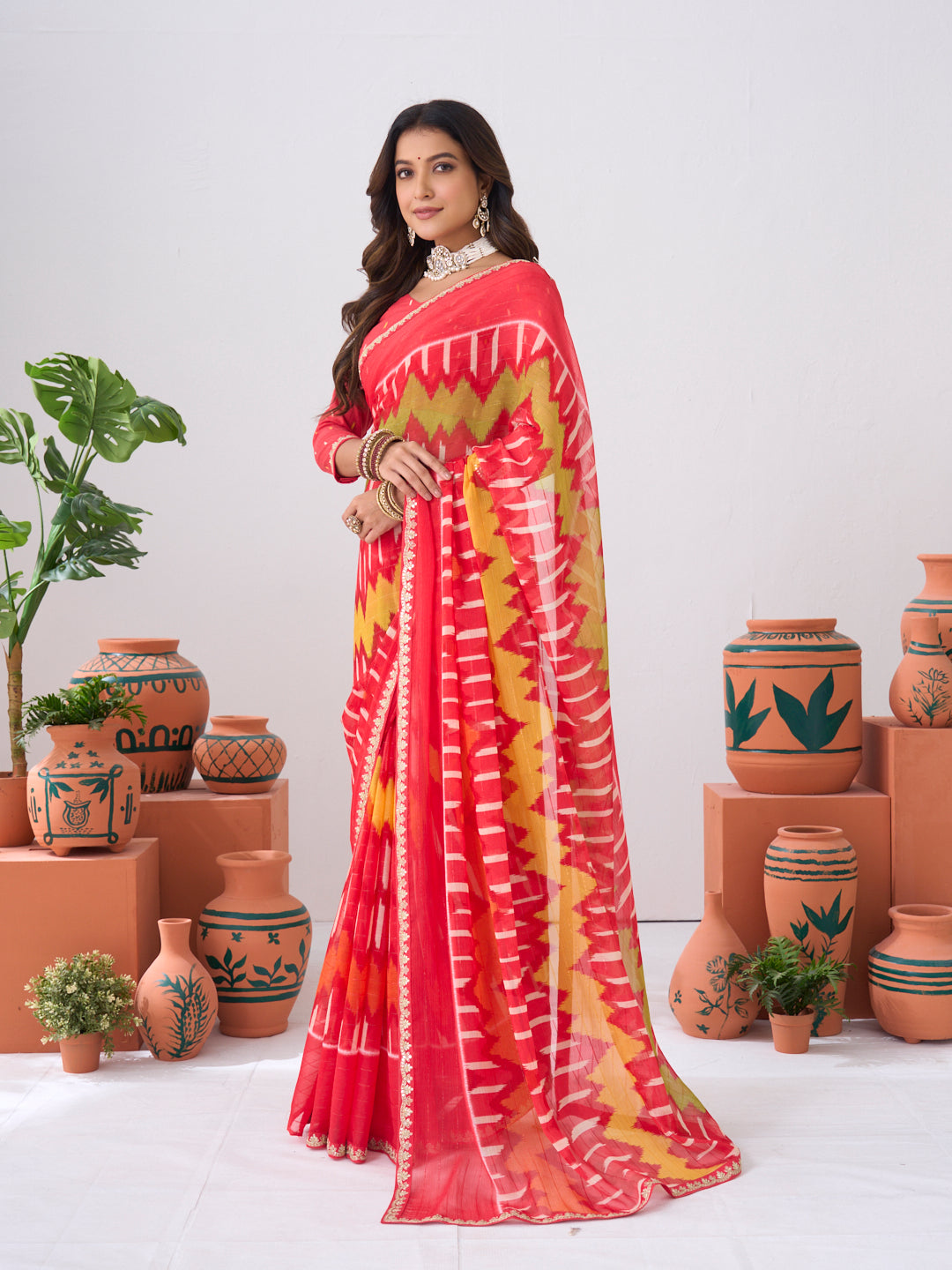 Laxmipati Ishita Red Ikkat Printed Chiffon Saree