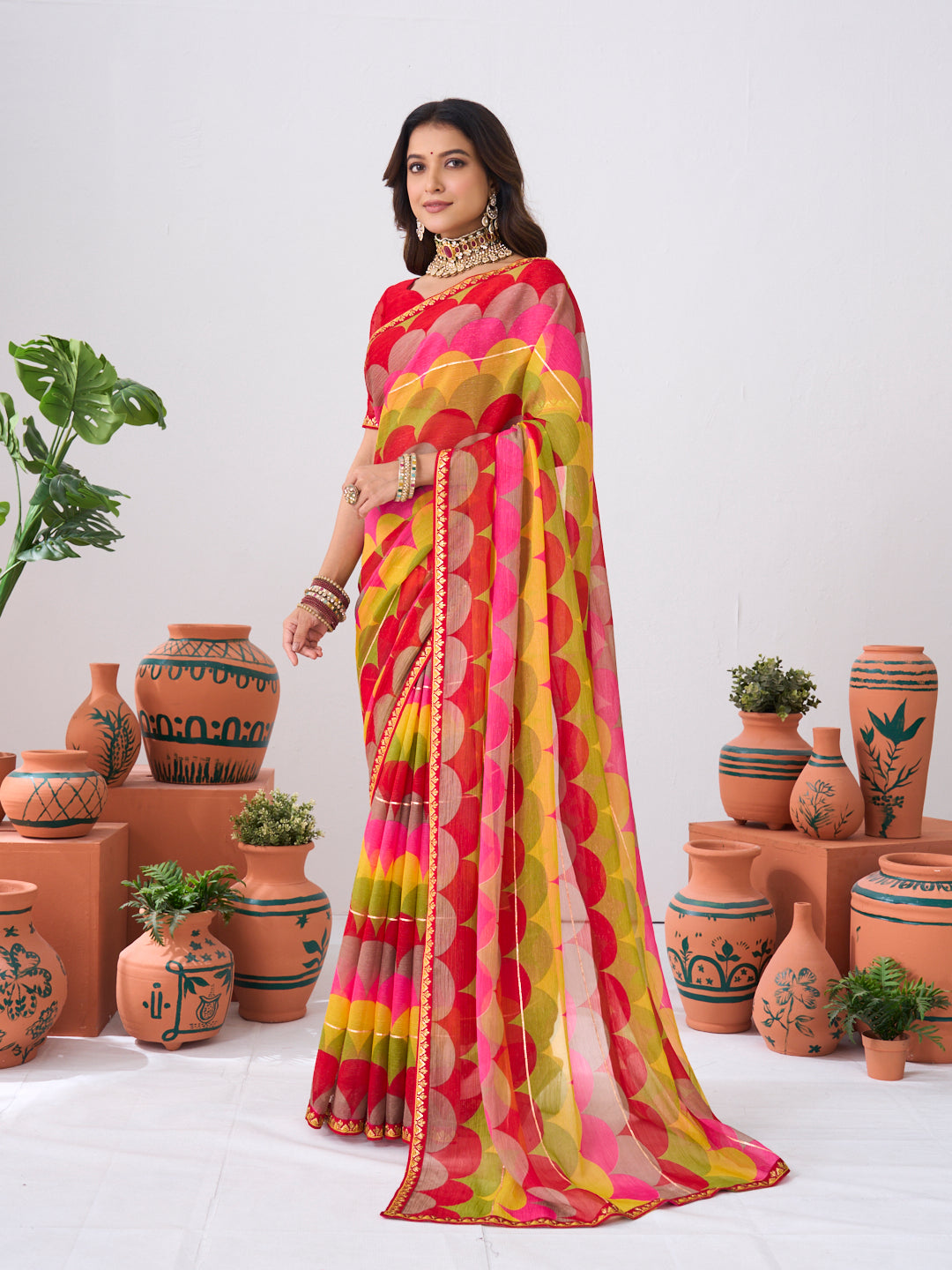 Laxmipati Ishita Multicolor Geometric Printed Chiffon Saree