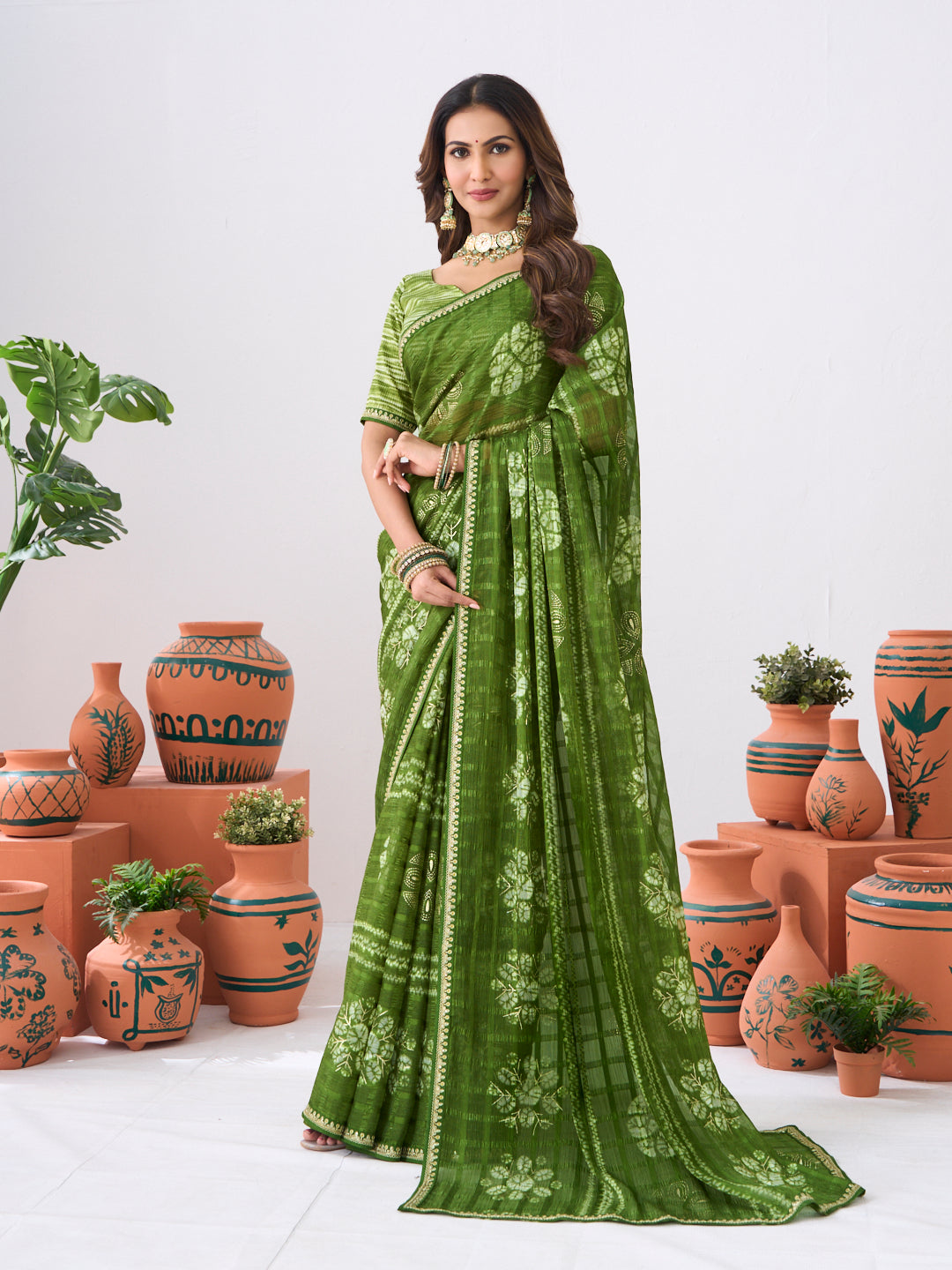 Laxmipati Ishita Green Floral Printed Chiffon Saree