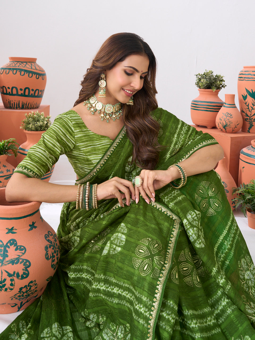 Laxmipati Ishita Green Floral Printed Chiffon Saree