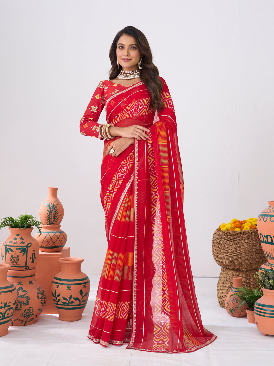 Laxmipati Ishita Red Ikkat Printed Chiffon Saree