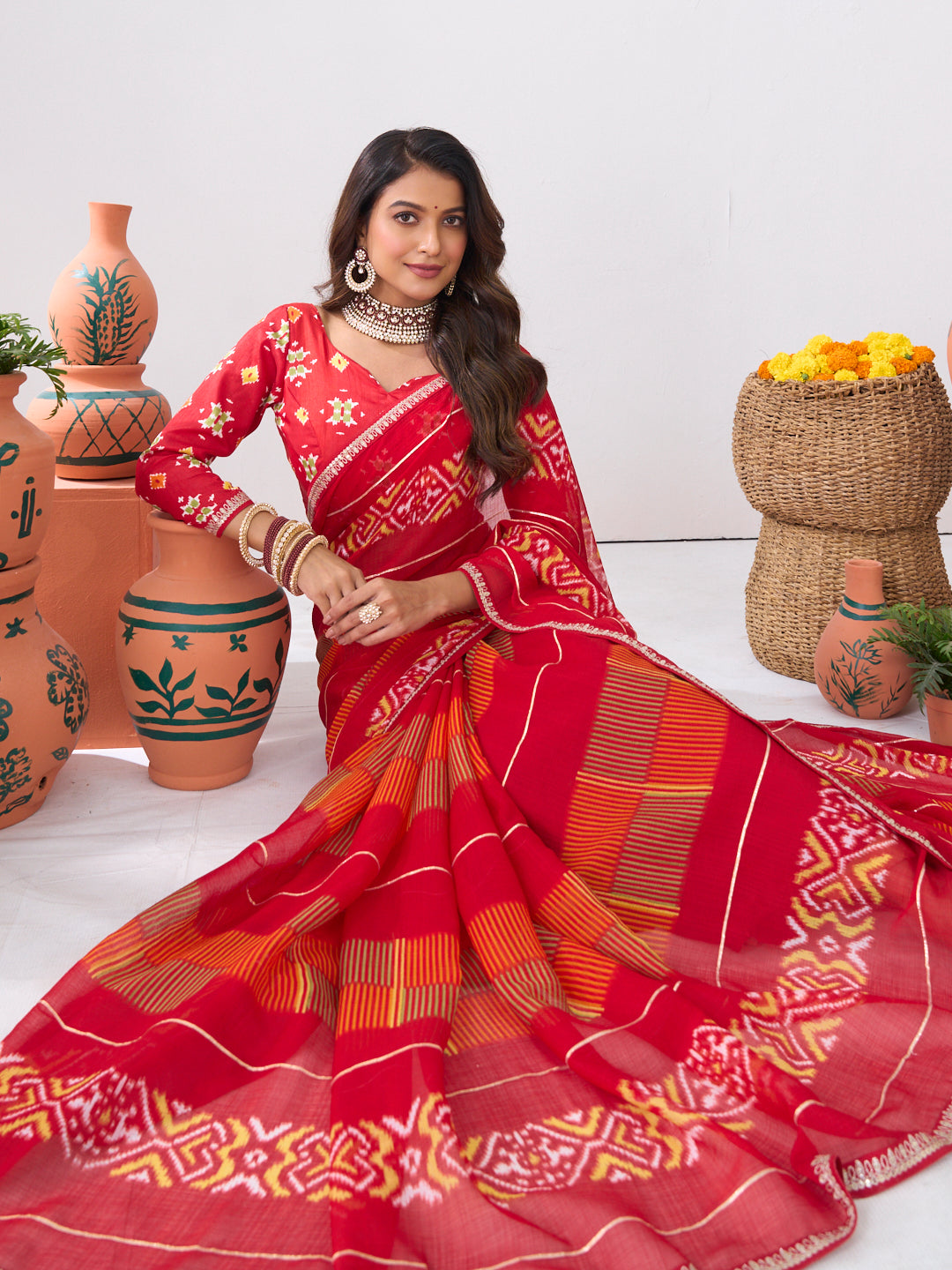 Laxmipati Ishita Red Ikkat Printed Chiffon Saree