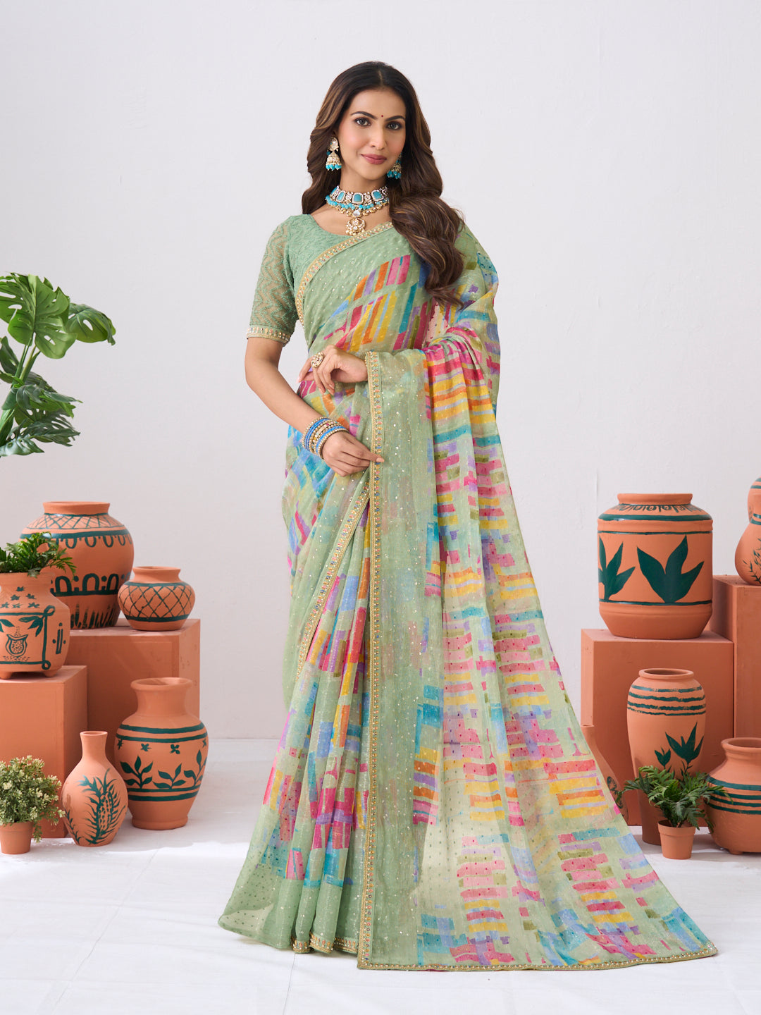 Laxmipati Ishita Pastel Green Abstract Printed Silk Saree