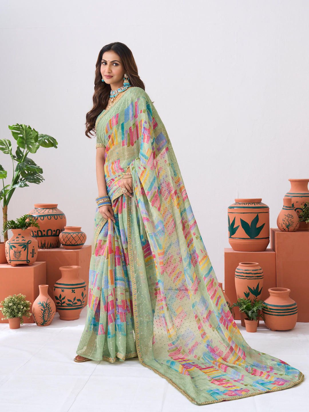 Laxmipati Ishita Pastel Green Abstract Printed Silk Saree