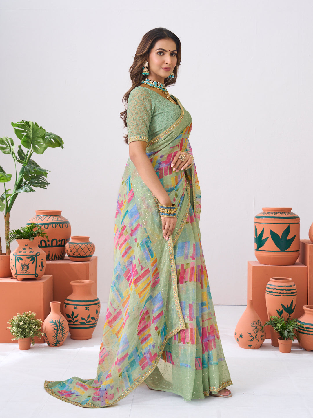Laxmipati Ishita Pastel Green Abstract Printed Silk Saree