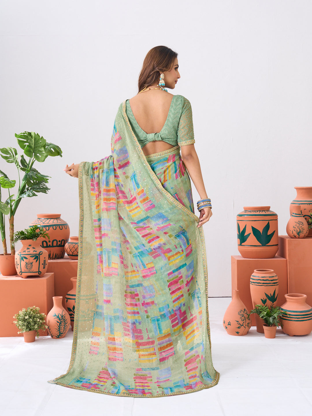 Laxmipati Ishita Pastel Green Abstract Printed Silk Saree