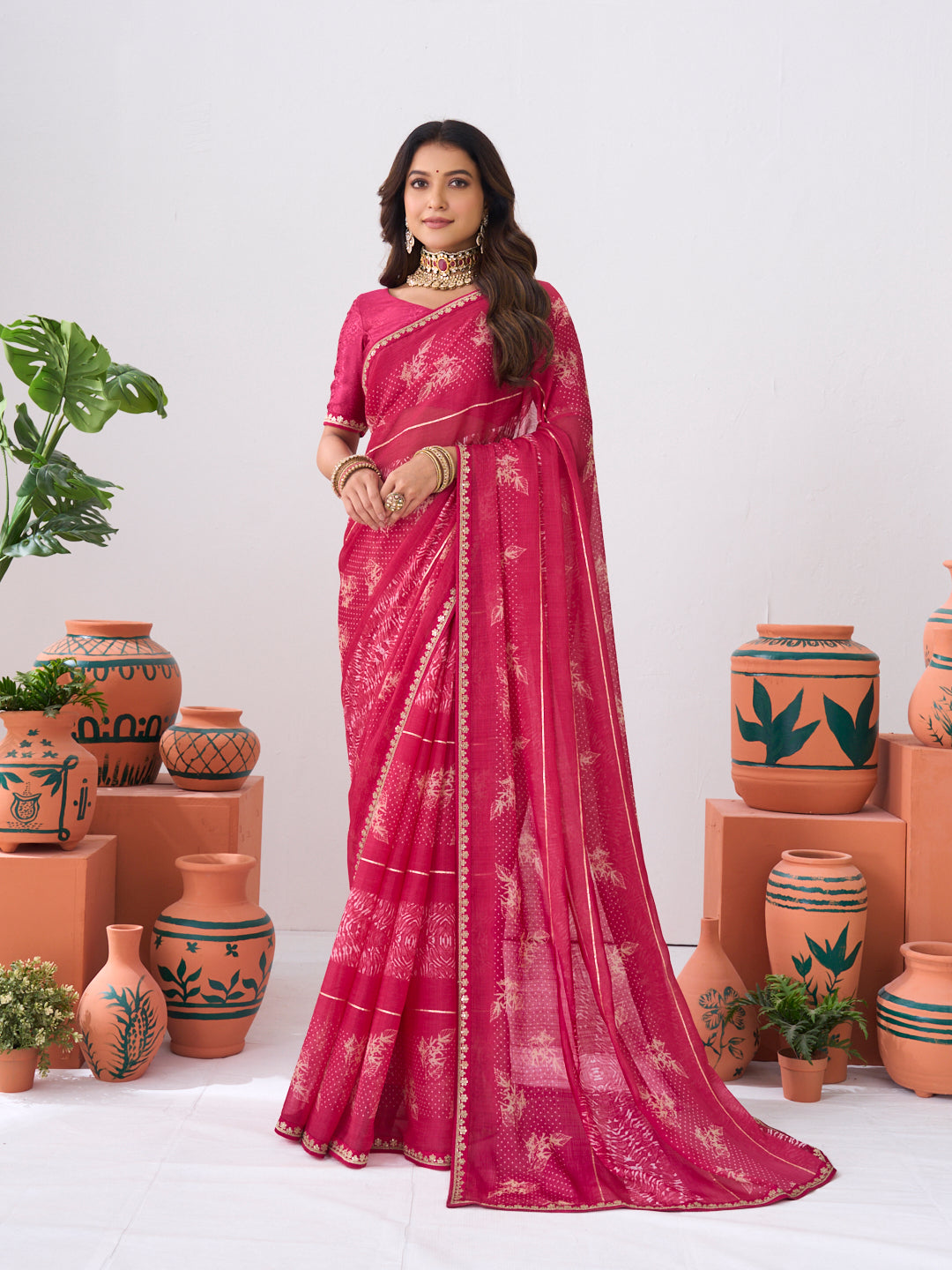 Laxmipati Ishita Pink Floral Pinted Chiffon Saree