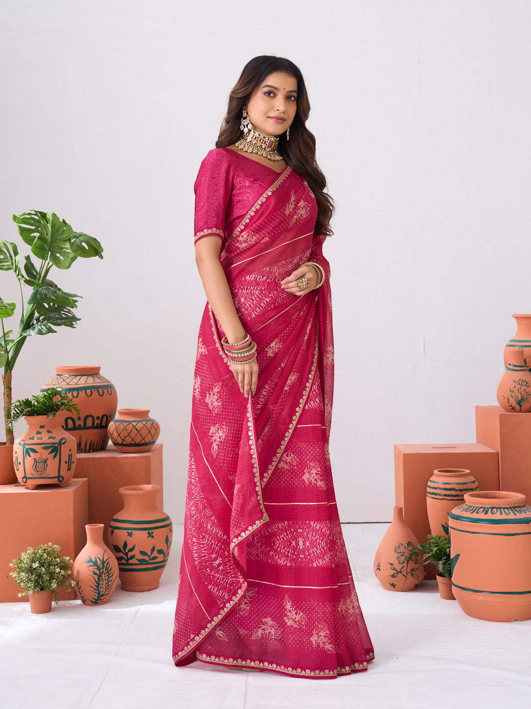 Laxmipati Ishita Pink Floral Pinted Chiffon Saree