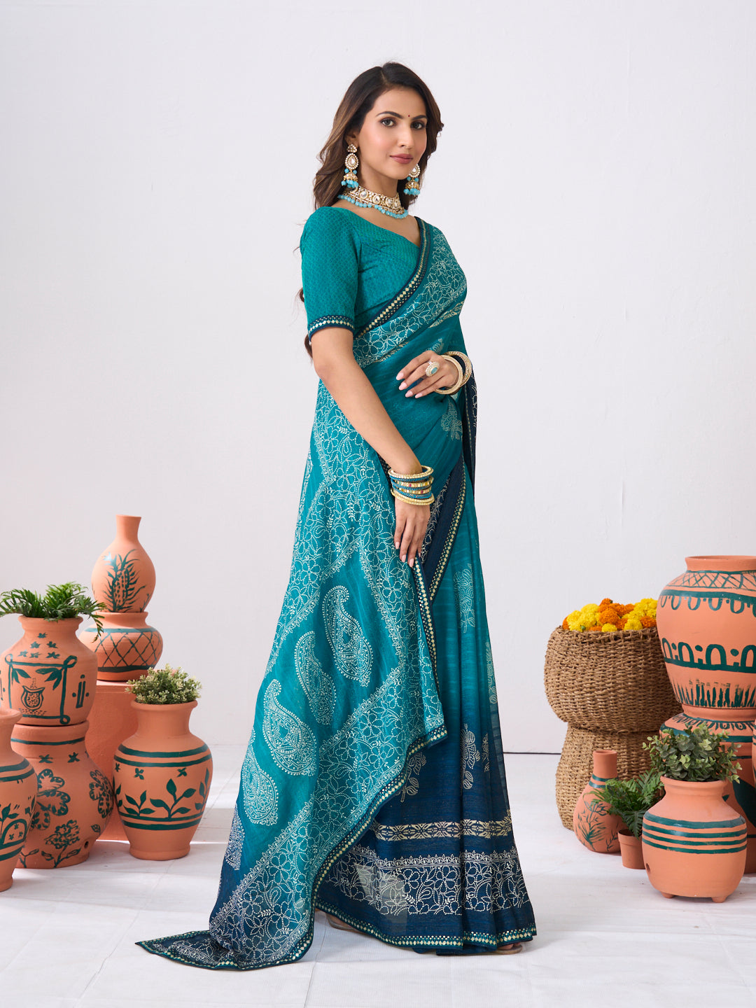Laxmipati Ishita Blue Floral Printed Georgette Saree