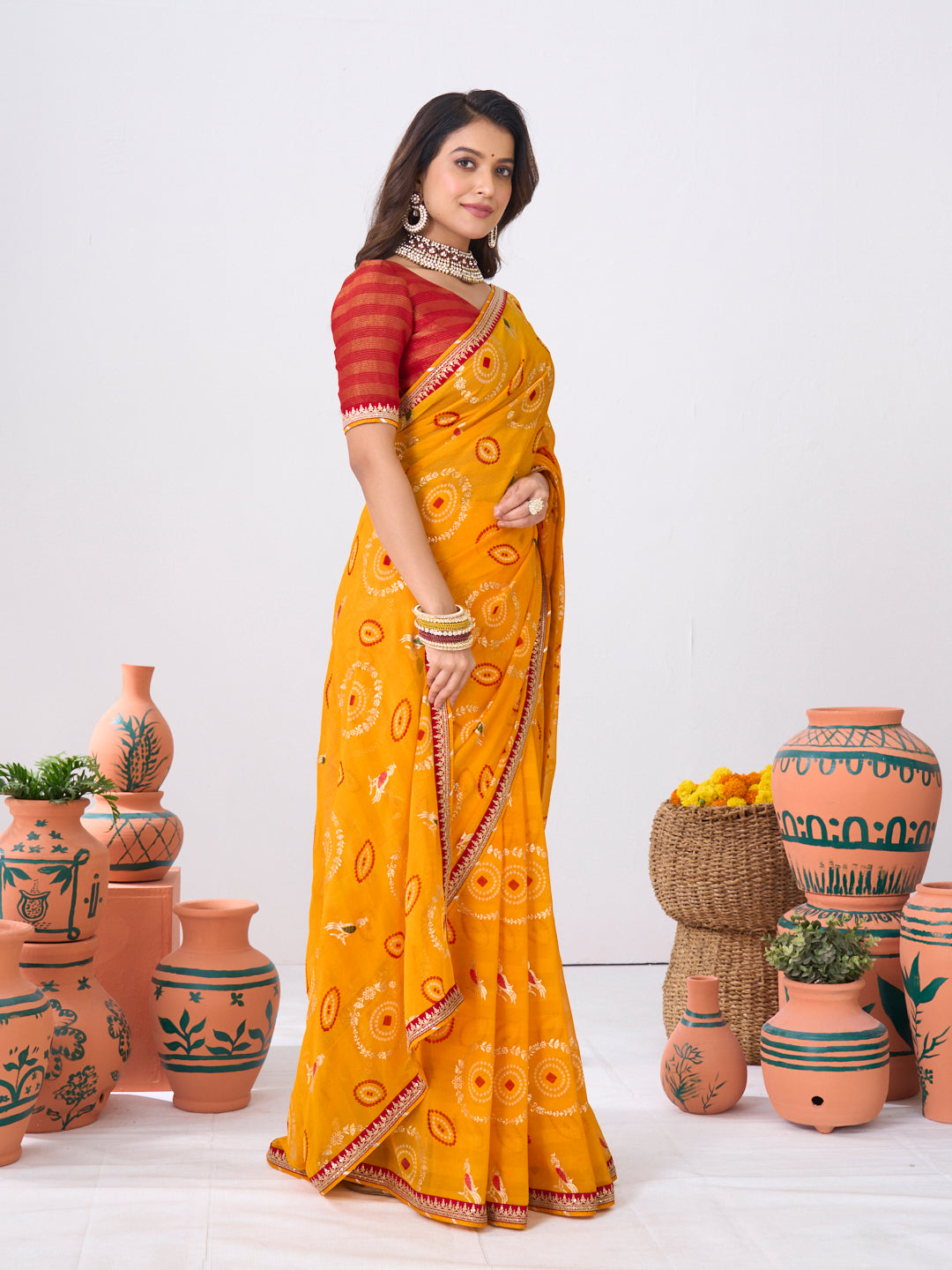Laxmipati Ishita Mustard Bandhani Printed Georgette Saree