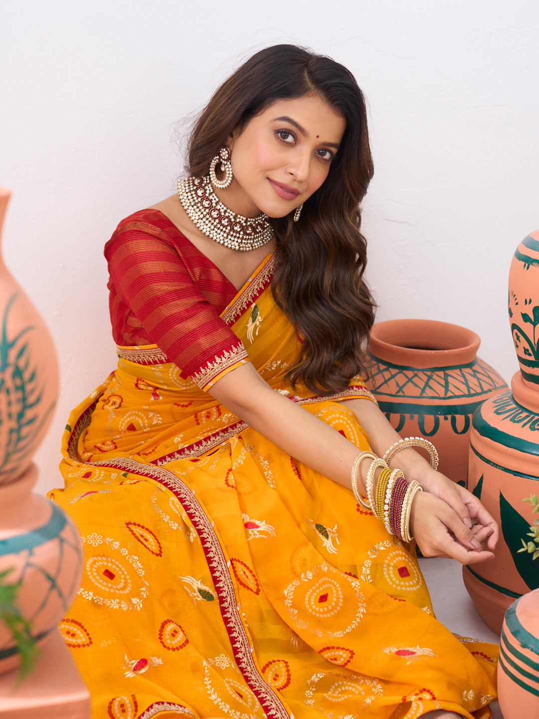 Laxmipati Ishita Mustard Bandhani Printed Georgette Saree