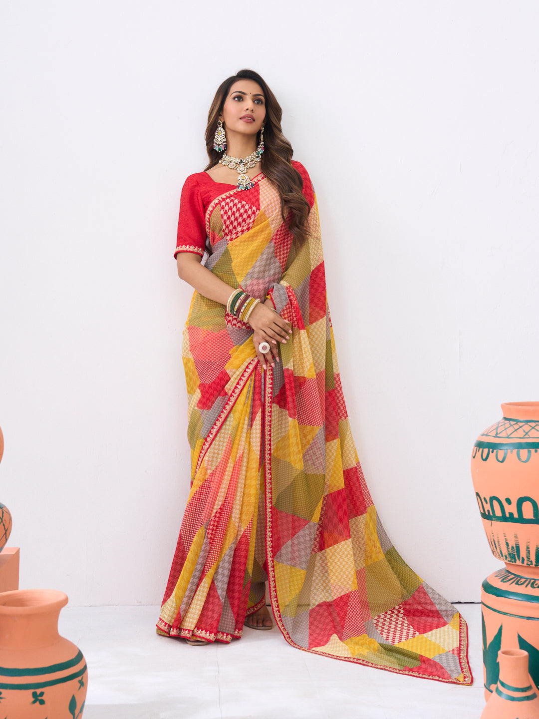 Laxmipati Ishita Multicolor Geometric Printed Chiffon Saree