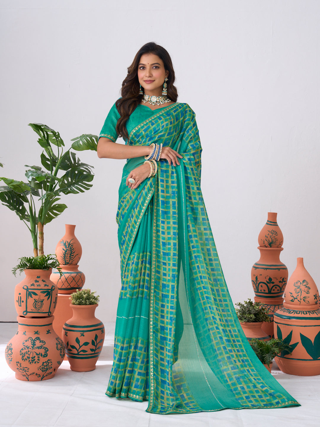 Laxmipati Ishita Teal Blue Geometric Printed Chiffon Saree