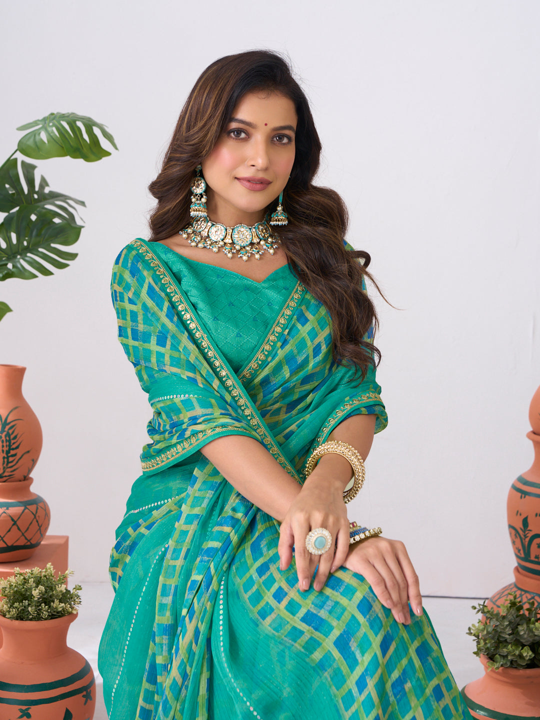 Laxmipati Ishita Teal Blue Geometric Printed Chiffon Saree