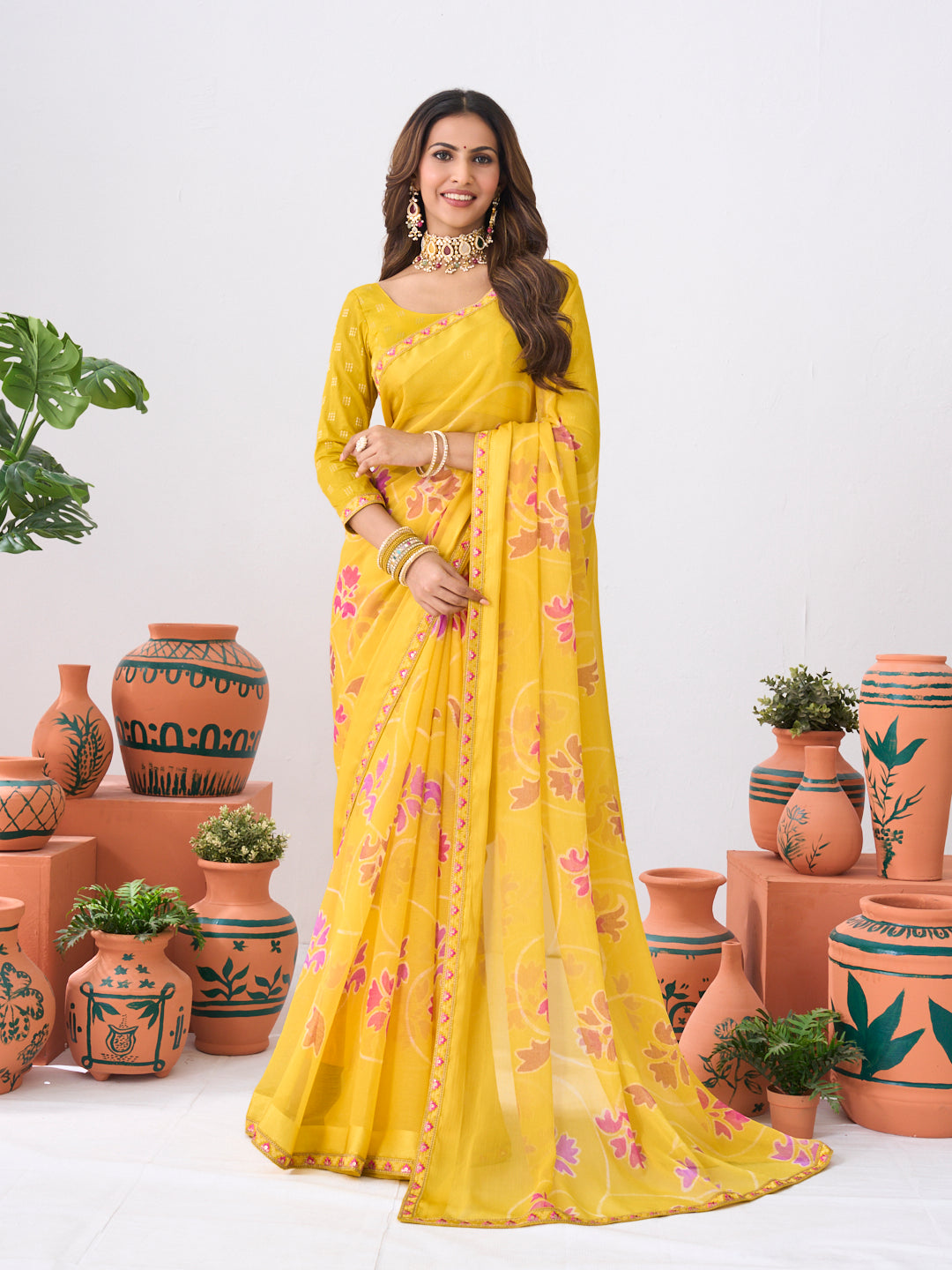 Laxmipati Ishita Yellow Floral Printed Chiffon Saree