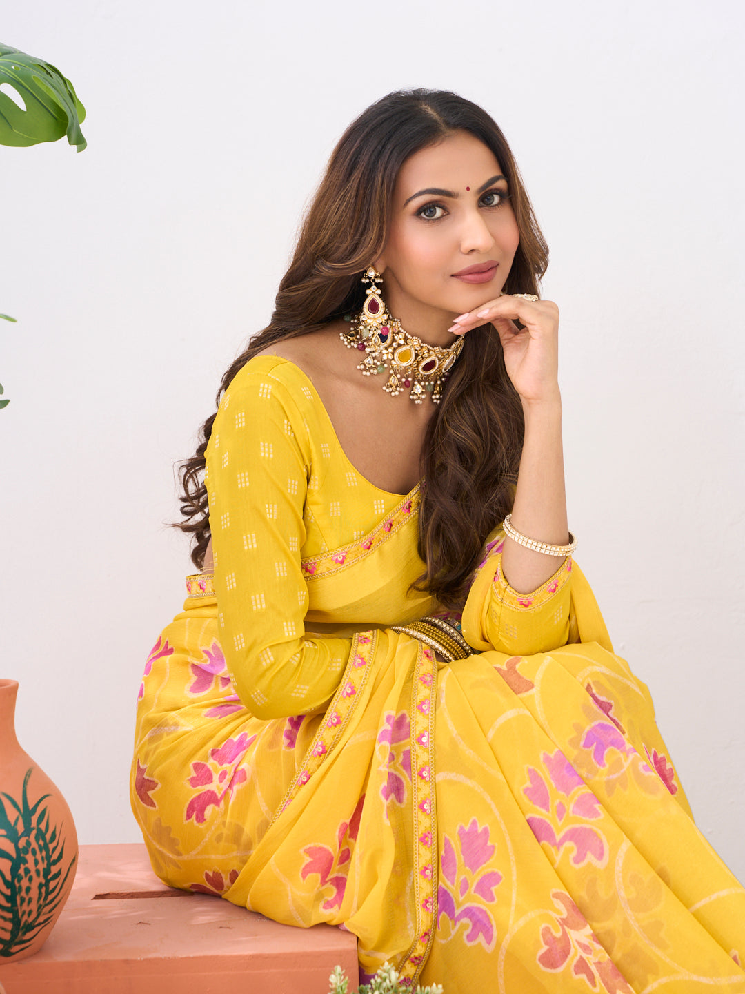 Laxmipati Ishita Yellow Floral Printed Chiffon Saree