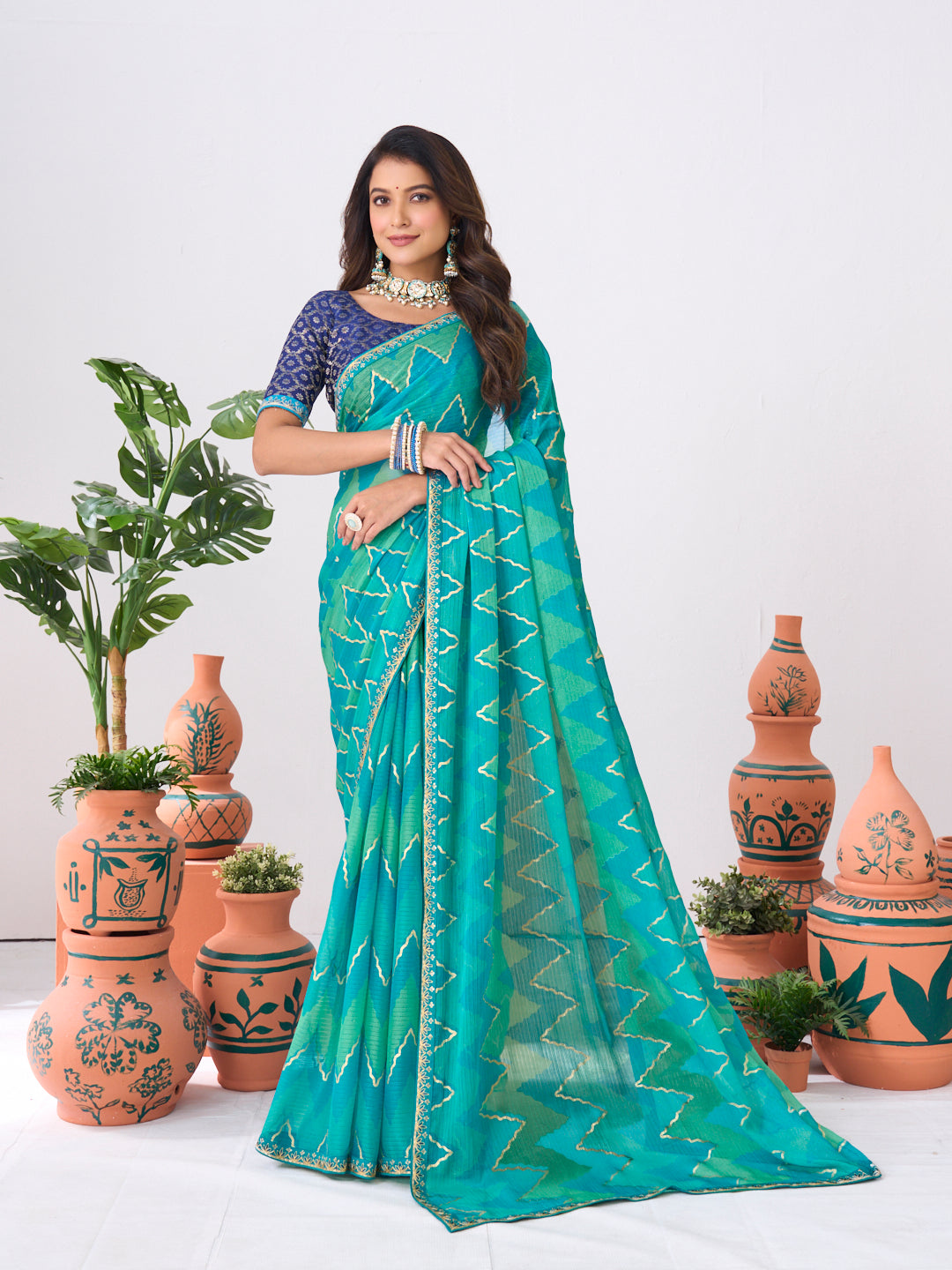 Laxmipati Ishita Teal Blue Chevron Printed Chiffon Saree
