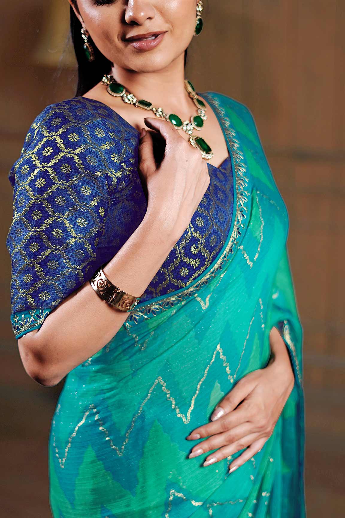 Laxmipati Ishita Teal Blue Chevron Printed Chiffon Saree