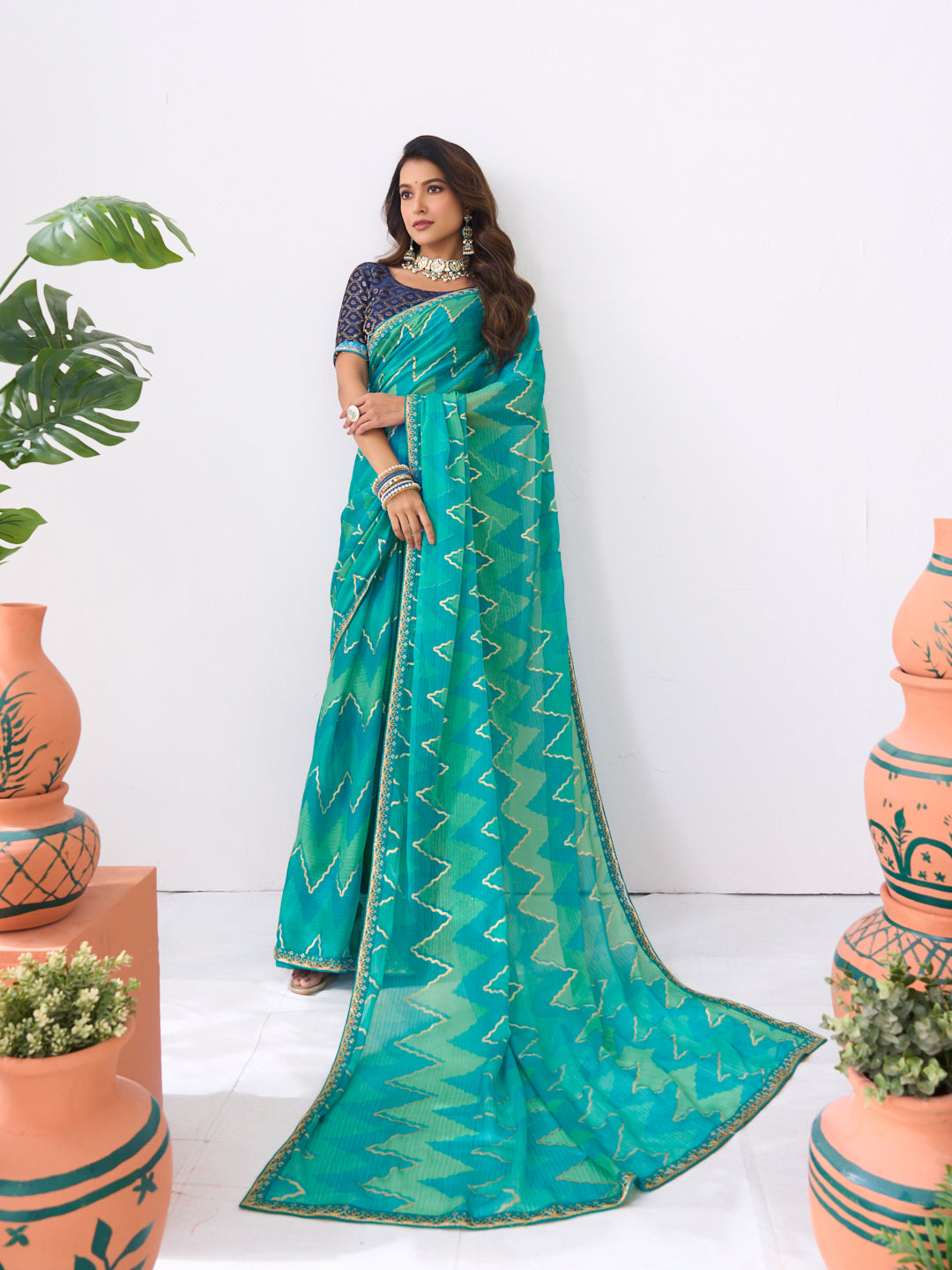 Laxmipati Ishita Teal Blue Chevron Printed Chiffon Saree