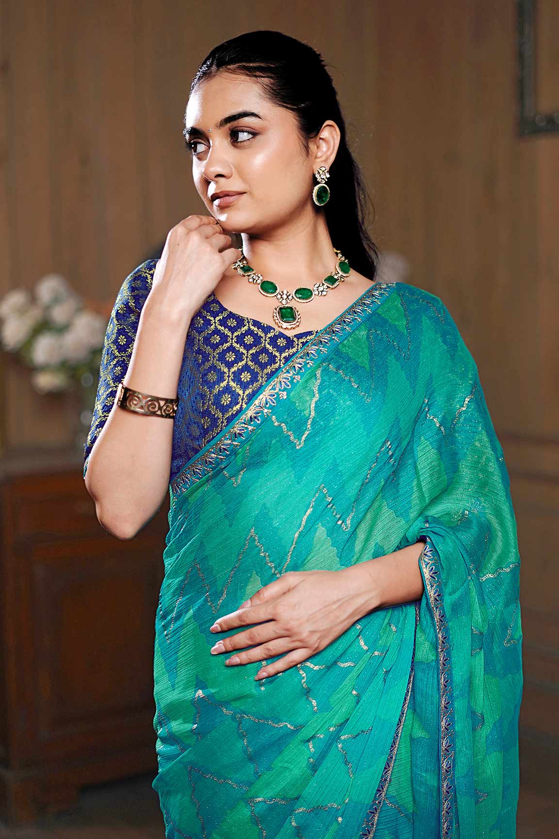 Laxmipati Ishita Teal Blue Chevron Printed Chiffon Saree