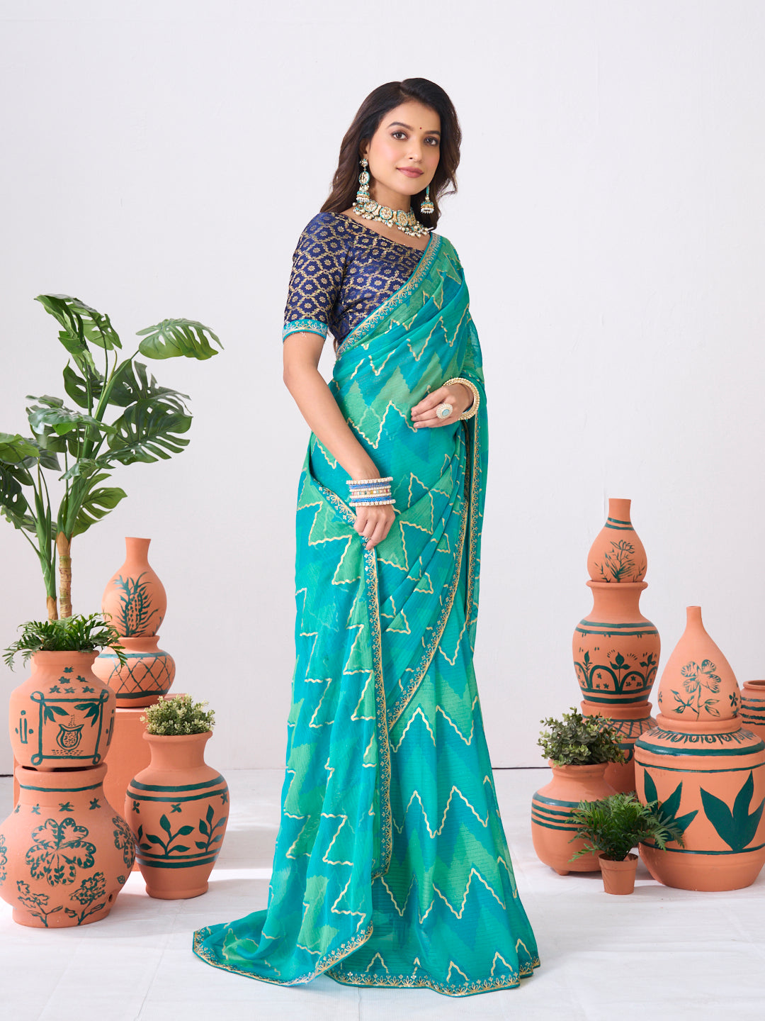 Laxmipati Ishita Teal Blue Chevron Printed Chiffon Saree