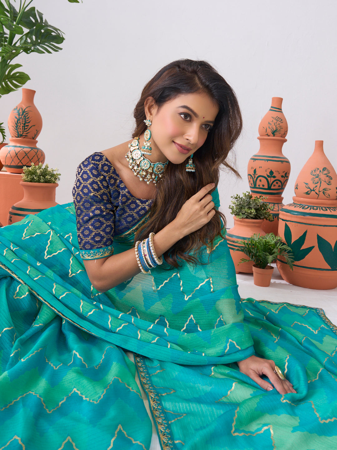 Laxmipati Ishita Teal Blue Chevron Printed Chiffon Saree