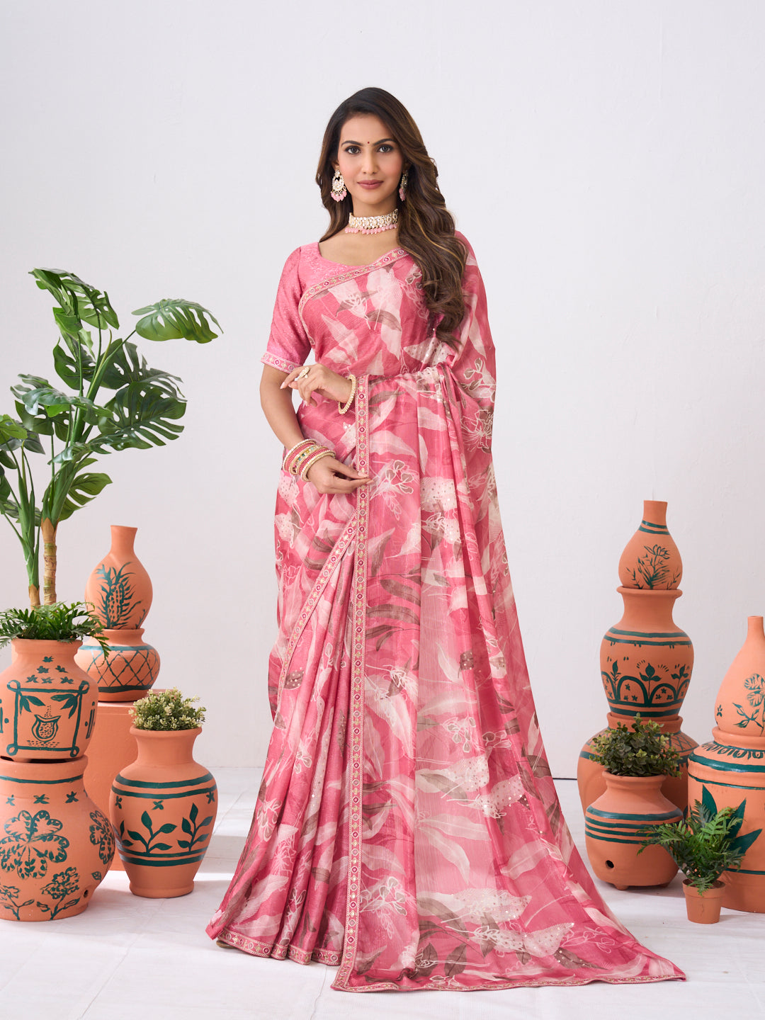 Laxmipati Ishita Pink Floral Printed Silk Saree