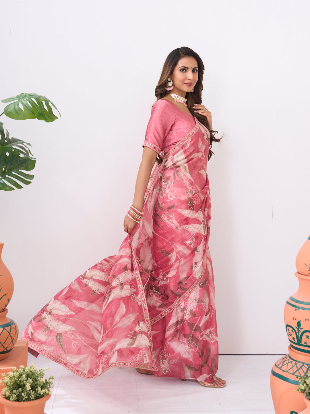 Laxmipati Ishita Pink Floral Printed Silk Saree