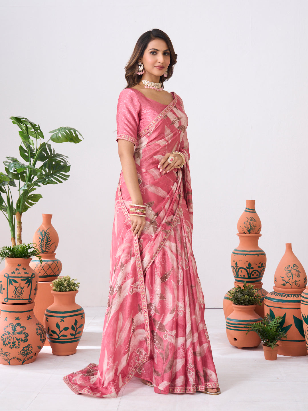 Laxmipati Ishita Pink Floral Printed Silk Saree