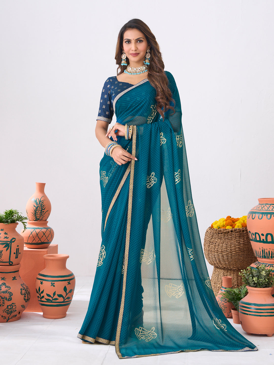 Laxmipati Ishita Blue Geometric Printed Georgette Saree