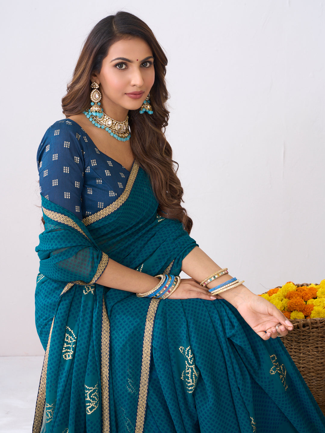 Laxmipati Ishita Blue Geometric Printed Georgette Saree